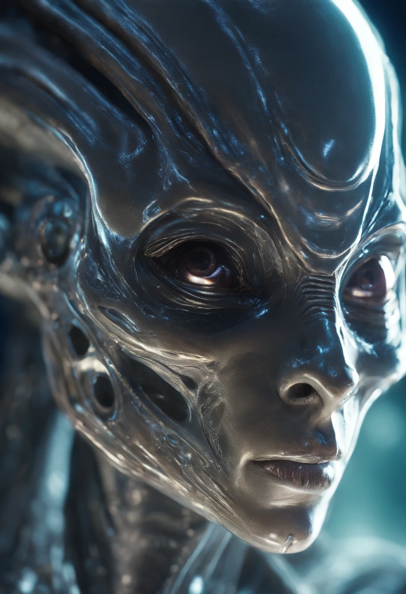 fantchar, a translucent ethereal alien with delicate features in a science fiction setting, brilhando por dentro, Sparks and lights, luar, lua, Close-up, Realistic, altamente detalhado, intrincado