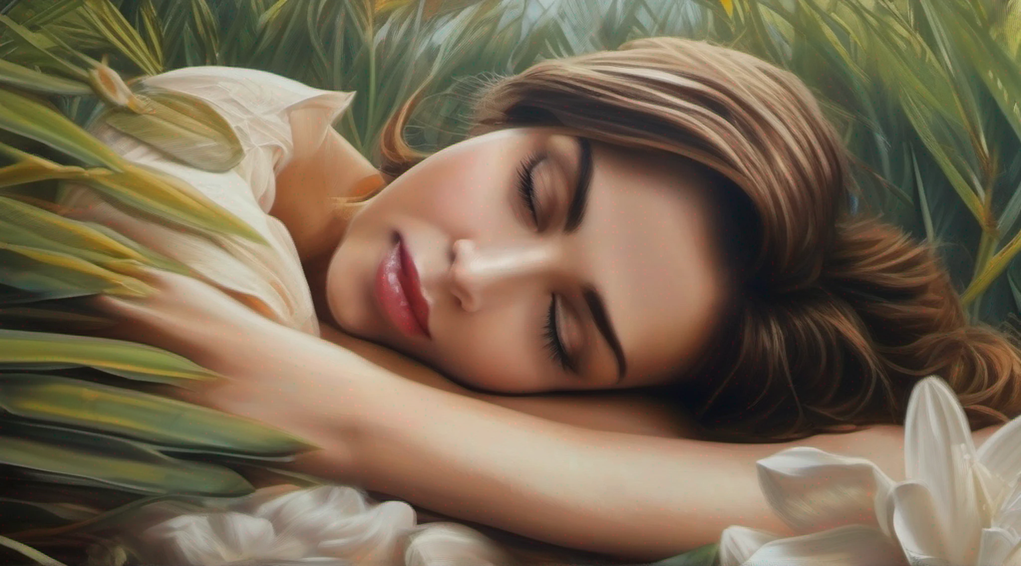 A woman with a gracious and gentle presence is at the center of the work. Her facial expression exudes sex appeal and intelligence. Seus olhos sorridentes, detalhado e cheio de profundidade, atrair o espectador com sua intensidade. The woman's female nose enhances her distinctive appearance, emphasizing his soft features. Her lips are beautifully sculpted, subtly suggesting a sense of mystery. O foco em seu rosto e os detalhes intrincados dela adicionam um senso de realismo ao retrato dela. The artwork is created using a combination of traditional oil painting and digital rendering techniques, resultando em um meio visualmente deslumbrante. The rich textures of the brush strokes and meticulous attention to detail highlight the depth and complexity of the subject. Em torno da mulher, More elements add depth to the composition. In the background, A beautifully landscaped garden displays lush greenery and vibrant flowers, criando uma atmosfera serena e cativante. The artist's attention to detail is reflected in every blade of grass and petal, bem como no jogo de luz e sombra na cena. The overall image quality of the art is of the highest standards, aiming to achieve a realistic and photorealistic representation. The use of high-resolution techniques, como 4K ou 8K, ensures that every aspect of the artwork is presented with impeccable clarity and sharpness. The color palette of the artwork is carefully selected to enhance the overall mood and atmosphere. macio, Natural tones are used to create a harmonious and balanced composition, while vibrant pops of color in the flowers and foliage add visual interest and a touch of vibrancy. The lighting in the artwork is meticulously crafted to illuminate the subject and highlight its characteristics. The use of studio lighting techniques ensures that the man's face is expertly illuminated, with the play of light and shadow accentuating its strong contours and creating a sense of depth. Ger