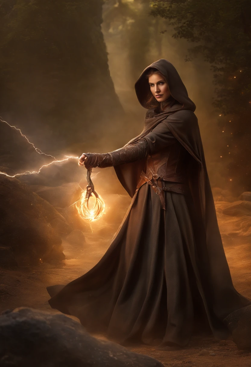 Um mago feminino antigo medieval ocidental，A female mage in a brown cloak is letting loose a bow，The hood covers his face and he can't see clearly，（An electric arc around the hand：1.3），Pronto para atacar，imponente，（Thunder Magic），（The bow was released from the female mage's hand），The current spreads around，Paisagem medieval，genial，4k，melhor qualidade，primitivo，（(ultra-detalhado, High-precision details))，Hero of Power & Magia 3，genial，The bottom is the canyon plain，The scene is impressive