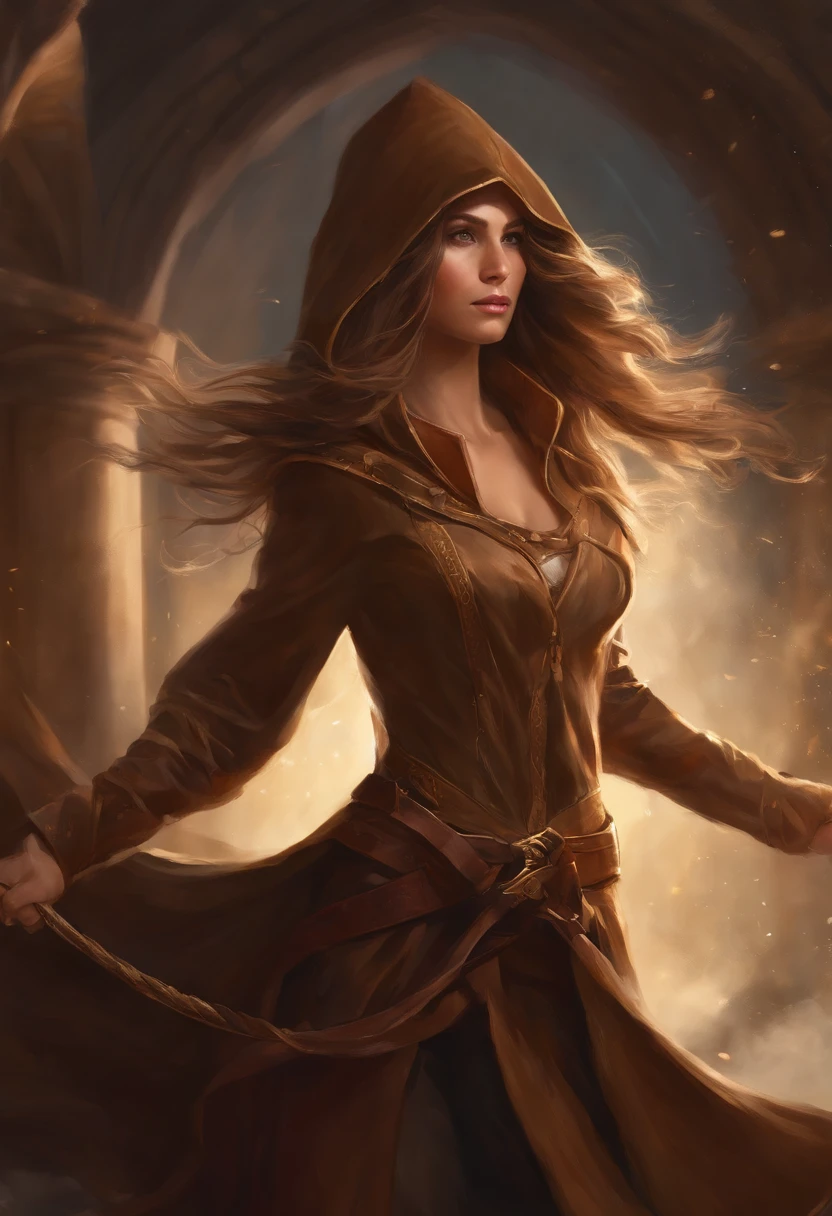 Um mago feminino antigo medieval ocidental，A female mage in a brown cloak is letting loose a bow，The hood covers his face and he can't see clearly，（An electric arc around the hand：1.3），Pronto para atacar，imponente，（Thunder Magic），（The bow was released from the female mage's hand），The current spreads around，Paisagem medieval，genial，4k，melhor qualidade，primitivo，（(ultra-detalhado, High-precision details))，Hero of Power & Magia 3，genial，The bottom is the canyon plain，The scene is impressive