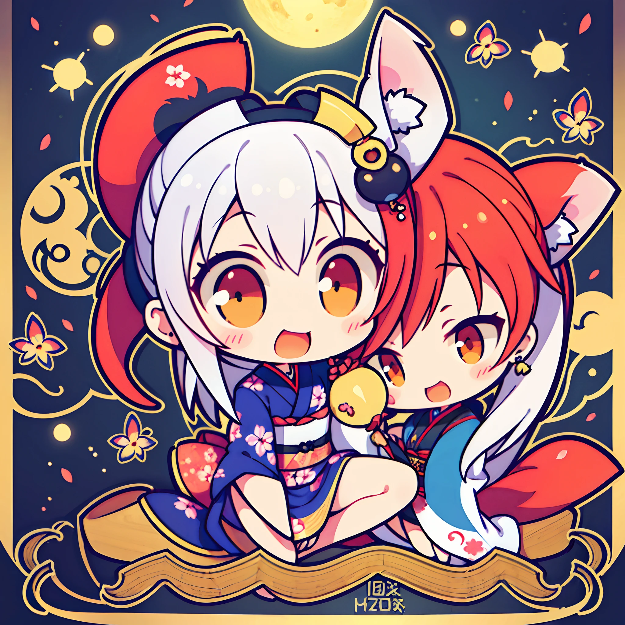 (2 girls) The cutest chibi fox kabuki girls, wearing highly detailed kimonos, tattoos and piercings, finely detailed graffiti background, cherry blossoms blowing in the wind, perfect masterpiece, high quality, high resolution