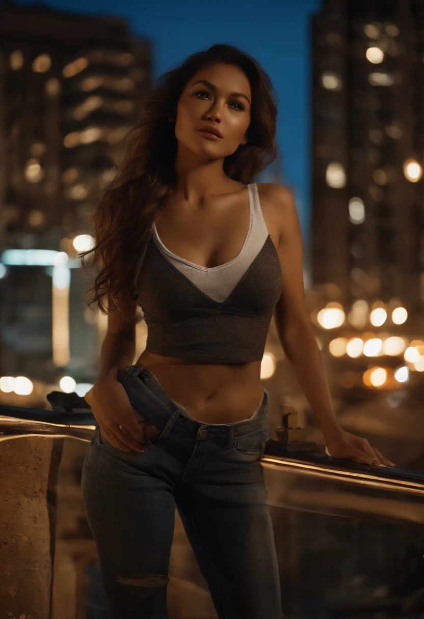 ((Best quality, 8k, Masterpiece :1.3)), Whole body, Long legs, Sharp focus :1.2, A pretty woman with perfect figure :1.4, Slender abs :1.1, ((Dark brown layered hair, Big breasts :1.2)), (White tight tshirt, Leggings, Standing:1.2), ((Night city view, Rooftop:1.3)), Highly detailed face and skin texture, Detailed eyes, Double eyelid
