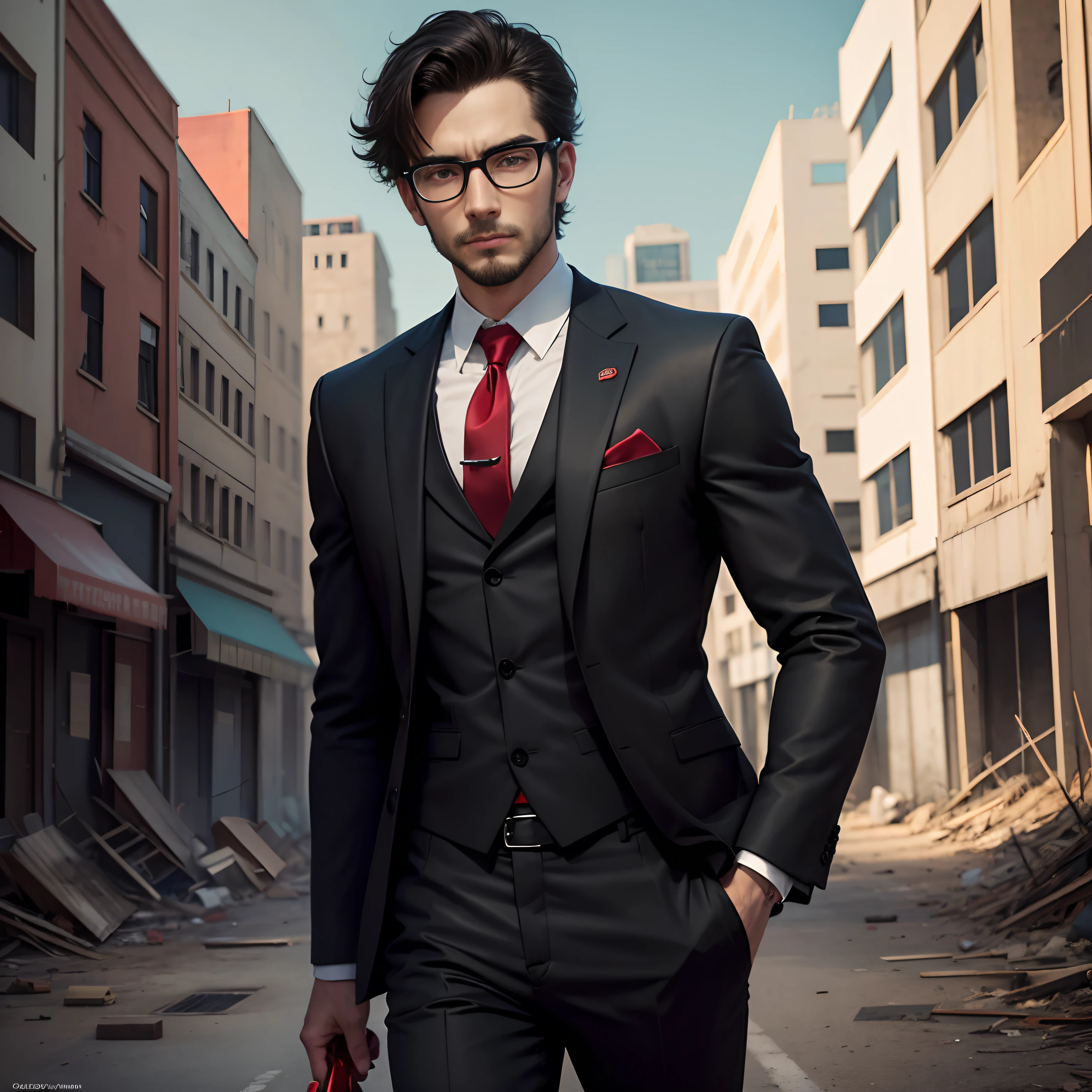 A man wearing a black suit and red glasses is in the middle of an abandoned city