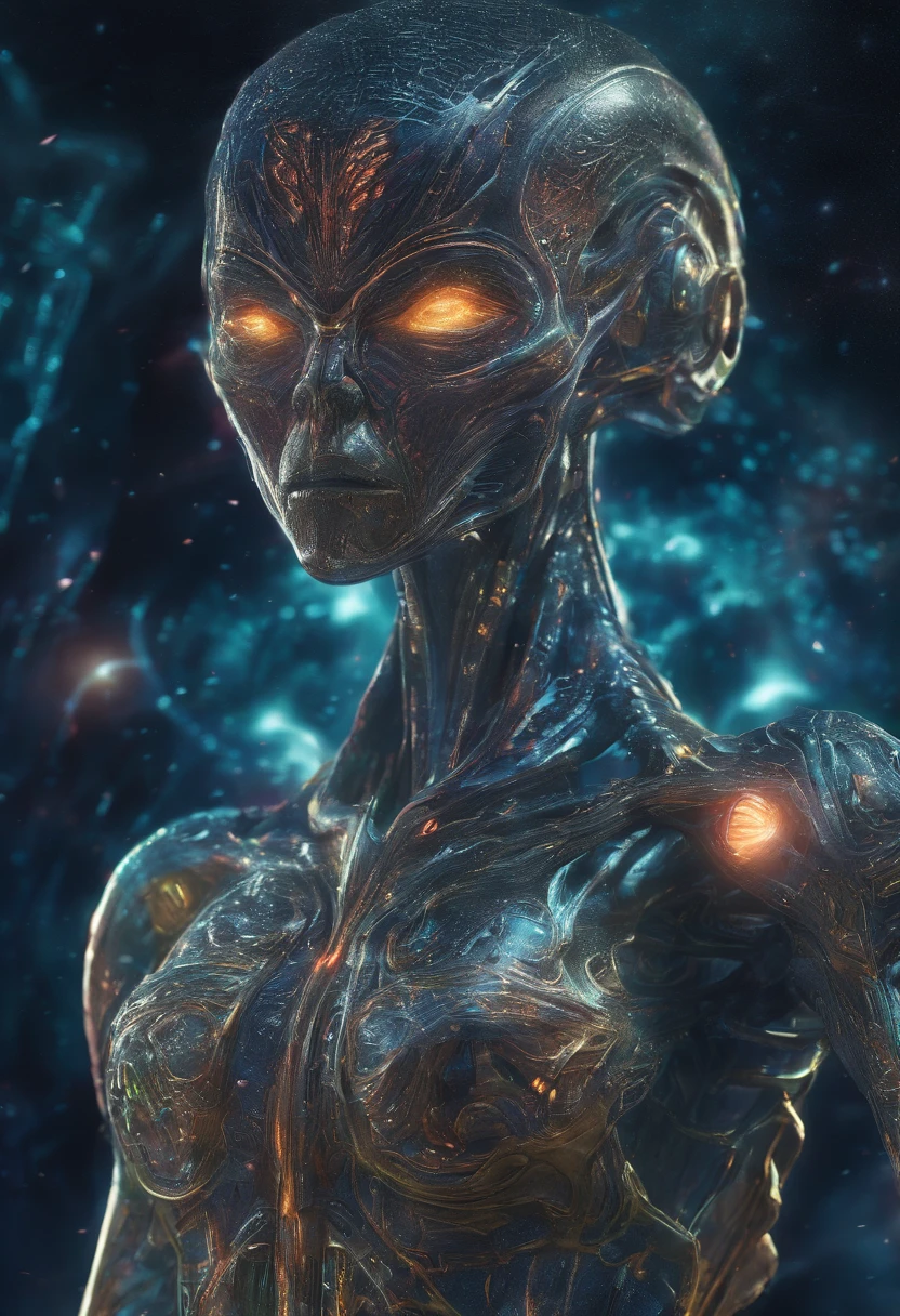 fantchar,translucent ethereal alien,delicate features,science fiction setting,sparkling from within,sparks and lights,moonlight,close-up,realistic,highly detailed,intricate,soft glow,extraterrestrial beauty,otherworldly charm,luminous aura,colorful nebula backdrop,futuristic environment,cosmic energy