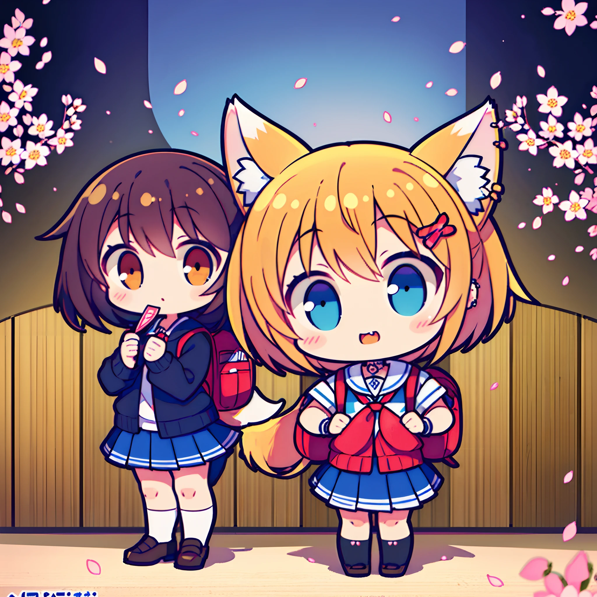 (2 girls) The cutest chibi fox cheerleader girls, wearing highly detailed school uniforms and backpacks, tattoos and piercings, finely detailed graffiti background, cherry blossoms blowing in the wind, perfect masterpiece, high quality, high resolution