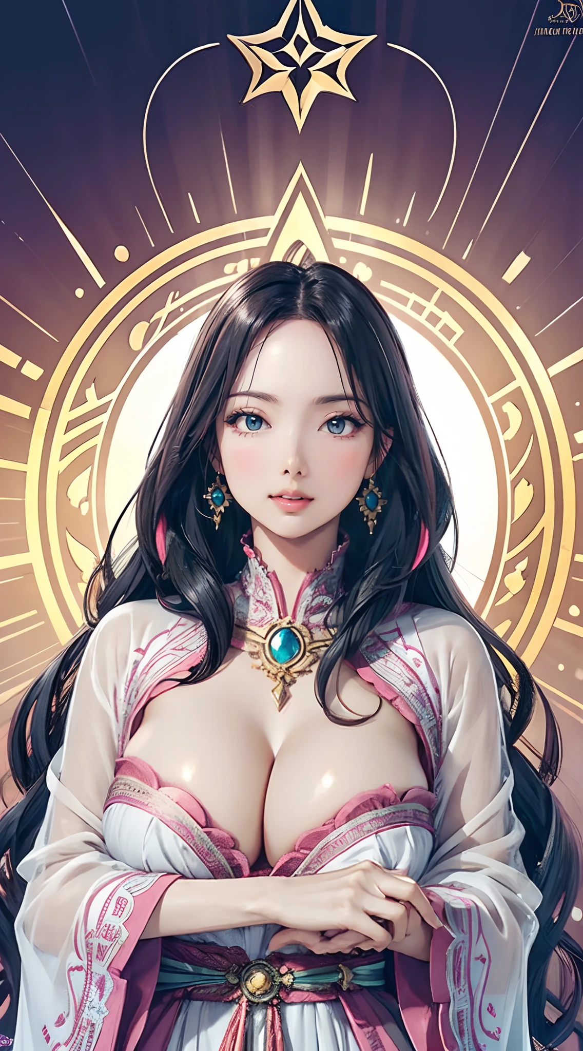 Best Quality, Unbelievably charming and beautiful sorceress Navariel, Perfect slim-fit body, Huge breasts, Wavy hair, Big, colorful eyes, parted lips, Intricate Wizard Robe Armor, Summon Pose, Grand Sorceress Keep Interior, Shining seals and auras, Soft tones, Clean lines, intriciate detail, exceptional composition, Photorealistic, perfect illustration, Ultra High Definition, 8K