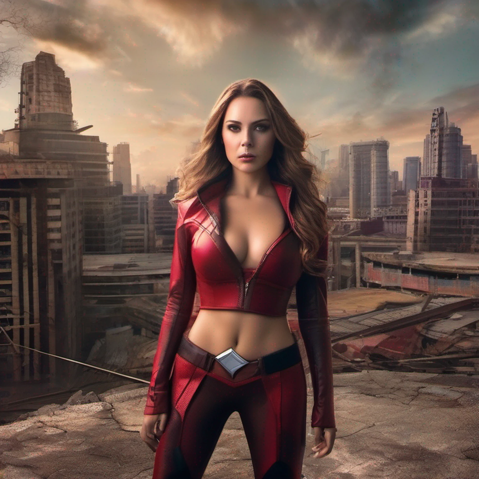 hyper realistic, 1Mulher, Feiticeira Escarlate bonita vestindo um traje escandaloso, retrato de corpo inteiro, retrato de corpo inteiro, Feiticeira Escarlate dos Vingadores, heroic expression, action pose, usando os poderes da Feiticeira Escarlate, sexy, brown hair, light hazelnut eyes, Botas Scarlet Witch, Coroa da Feiticeira Escarlate, Costume looks like it was destroyed as if in battle, quase nu, Traje rasgado, The costume is in tatters, com muitos buracos e rasgos, muita pele mostrando, a lot of visible cleavage, clivagem, Roupas rasgadas, Backdrop is post-apocalyptic metropolis, NSFW, alta qualidade, muitos buracos no topo do tubo da Feiticeira Escarlate, many holes in the bottom of the bikini Scarlet Witch, principalmente nus, (Roupas rasgadas:1.8), (Roupas queimadas:1.5), DSLR, fotografia hiper realista