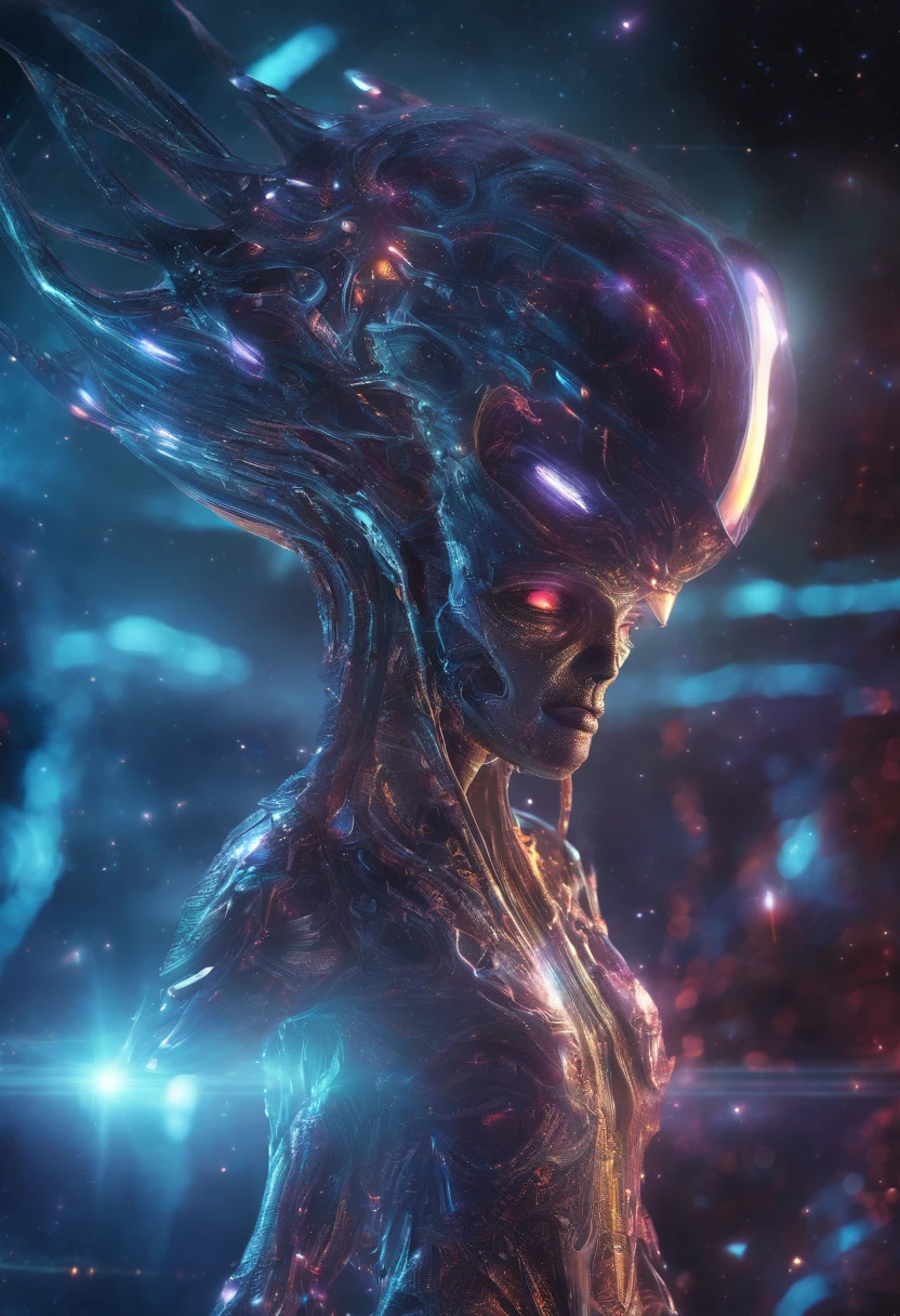 fantchar,translucent ethereal alien,delicate features,science fiction setting,sparkling from within,sparks and lights,moonlight,close-up,realistic,highly detailed,intricate,soft glow,extraterrestrial beauty,otherworldly charm,luminous aura,colorful nebula backdrop,futuristic environment,cosmic energy