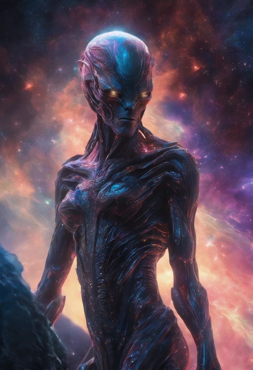 fantchar,translucent ethereal alien,delicate features,science fiction setting,sparkling from within,sparks and lights,moonlight,close-up,realistic,highly detailed,intricate,soft glow,extraterrestrial beauty,otherworldly charm,luminous aura,colorful nebula backdrop,futuristic environment,cosmic energy