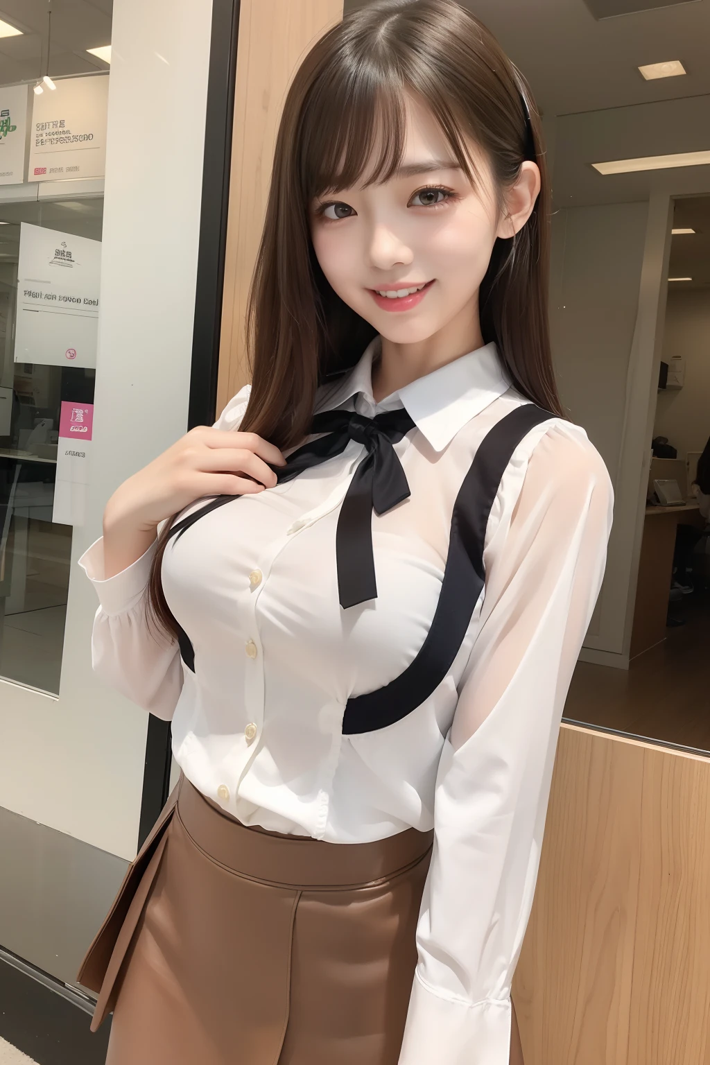(masterpiece,top-quality,超A high resolution),A Japanese Lady, Very beautiful 12 year old girl, Ubu no Girl、(Perfect limbs、perfect anatomia),(Bob Hair).((kawaiiOL,suits,Transaction service,Blouse with ribbon,vests)),((tight skirts))Pure white、Beautiful skin、Moist eyes、Brown glittery hair、Colors and landscapes of youth、Premonition of love、Colossal tits、embarrassed grin、s Office