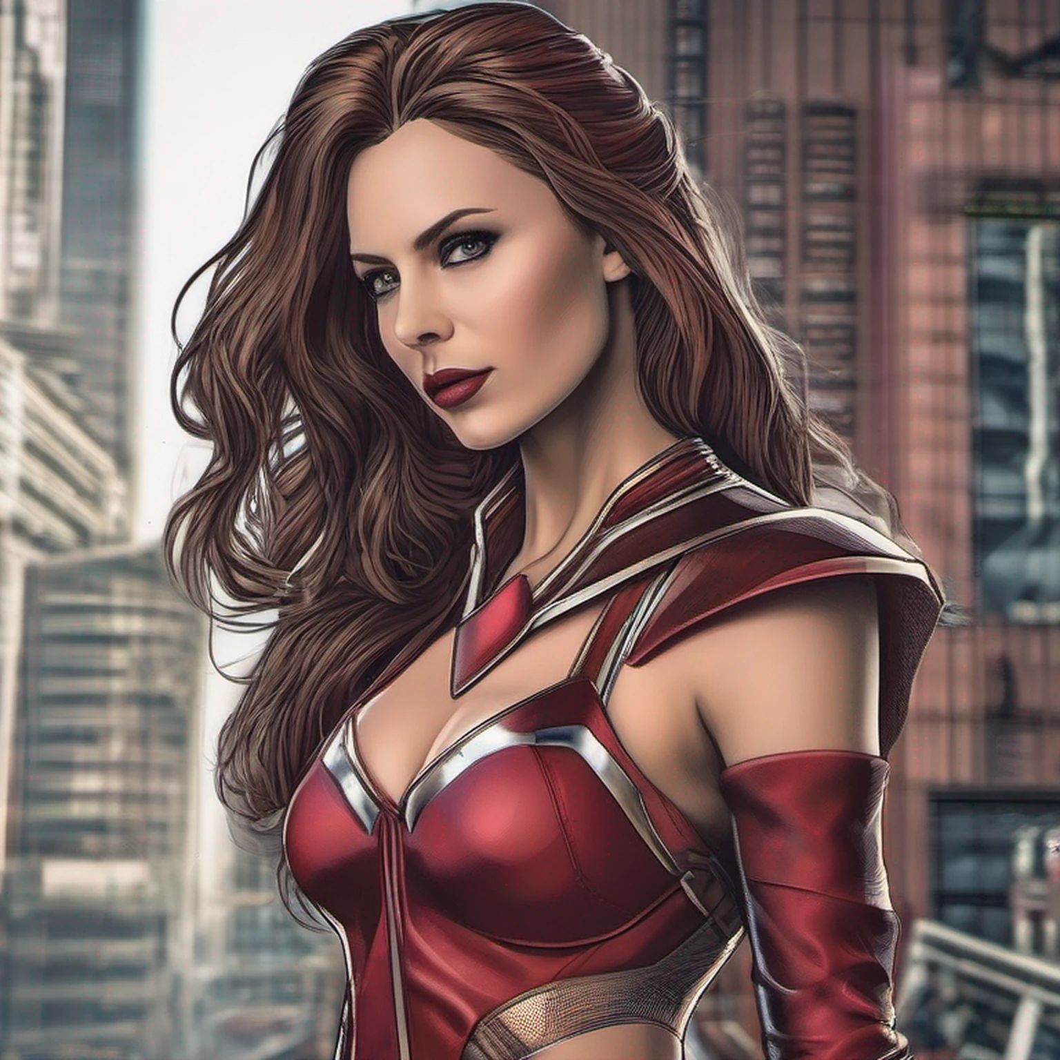 hyper realistic, 1Mulher, Feiticeira Escarlate bonita vestindo um traje escandaloso, retrato de corpo inteiro, retrato de corpo inteiro, Feiticeira Escarlate dos Vingadores, heroic expression, action pose, usando os poderes da Feiticeira Escarlate, sexy, brown hair, light hazelnut eyes, Botas Scarlet Witch, Coroa da Feiticeira Escarlate, Costume looks like it was destroyed as if in battle, quase nu, Traje rasgado, The costume is in tatters, com muitos buracos e rasgos, muita pele mostrando, a lot of visible cleavage, clivagem, Roupas rasgadas, Backdrop is post-apocalyptic metropolis, NSFW, alta qualidade, muitos buracos no topo do tubo da Feiticeira Escarlate, many holes in the bottom of the bikini Scarlet Witch, principalmente nus, (Roupas rasgadas:1.8), (Roupas queimadas:1.5), DSLR, fotografia hiper realista
