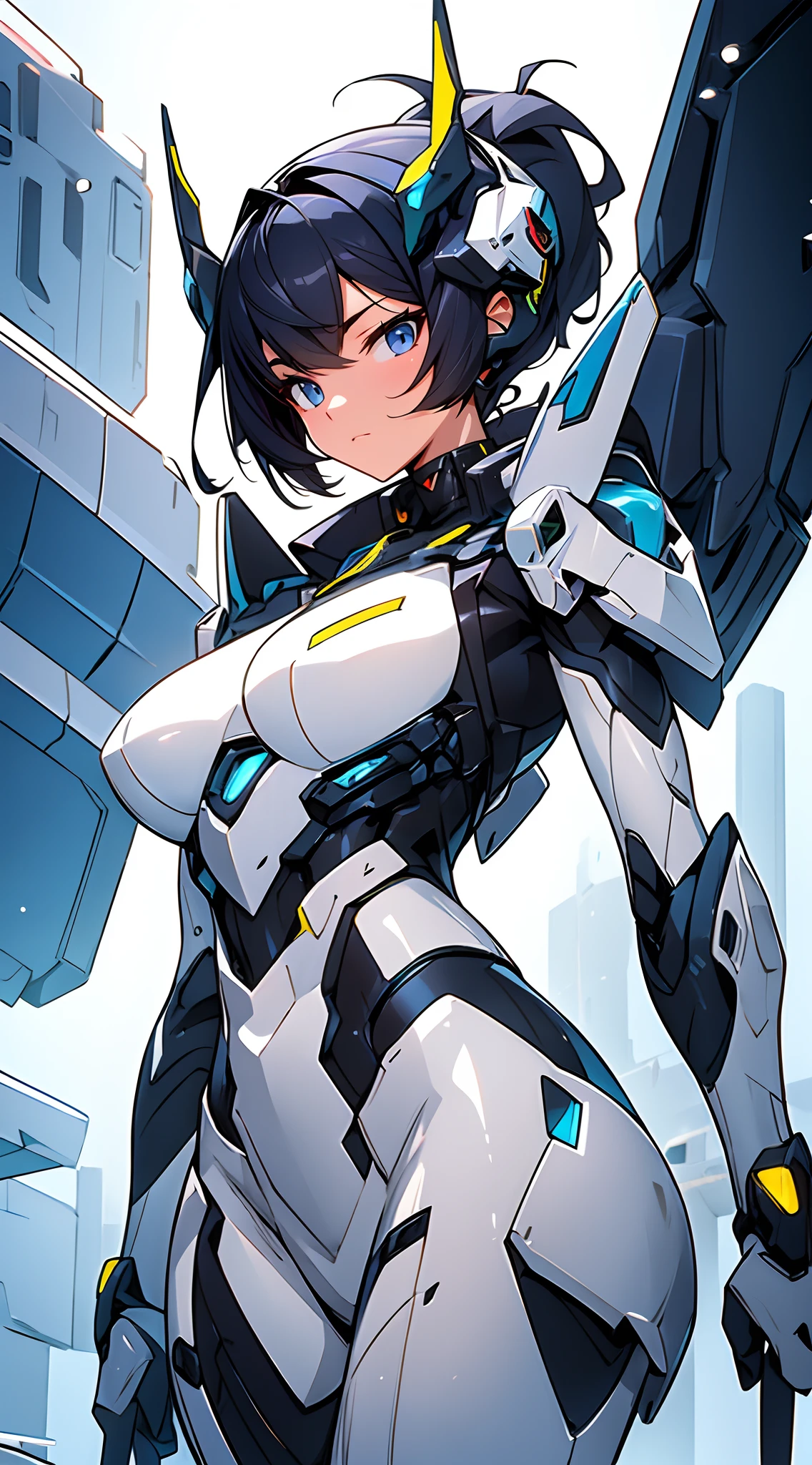 Highest quality,Masterpiece,High resolution,Super detailed,perfect anatomy,extremely detailed CG,girl,（Full body painting）、No correction、（（（Sato Air）））、（Character portrait）、Fighter of Justice、（（Lori））、One unparalleled beautiful girl,Short Hair,Brown Hair,Blue Eyes,Big Breasts,Big Butt、Glossy black bodysuit、A plump and seductive body、The ultimate female body、smile,cute,Refreshing belly,,See-through clothing、Shiny skin、Wearing a mechanical miniskirt、（（Mecha Girl））、Knee socks、（Has mechanical bird wings on his back）、（Has a mechanical tail）、（Mechanical Limbs）、（Background is a ruined city）、（Hand guard）、