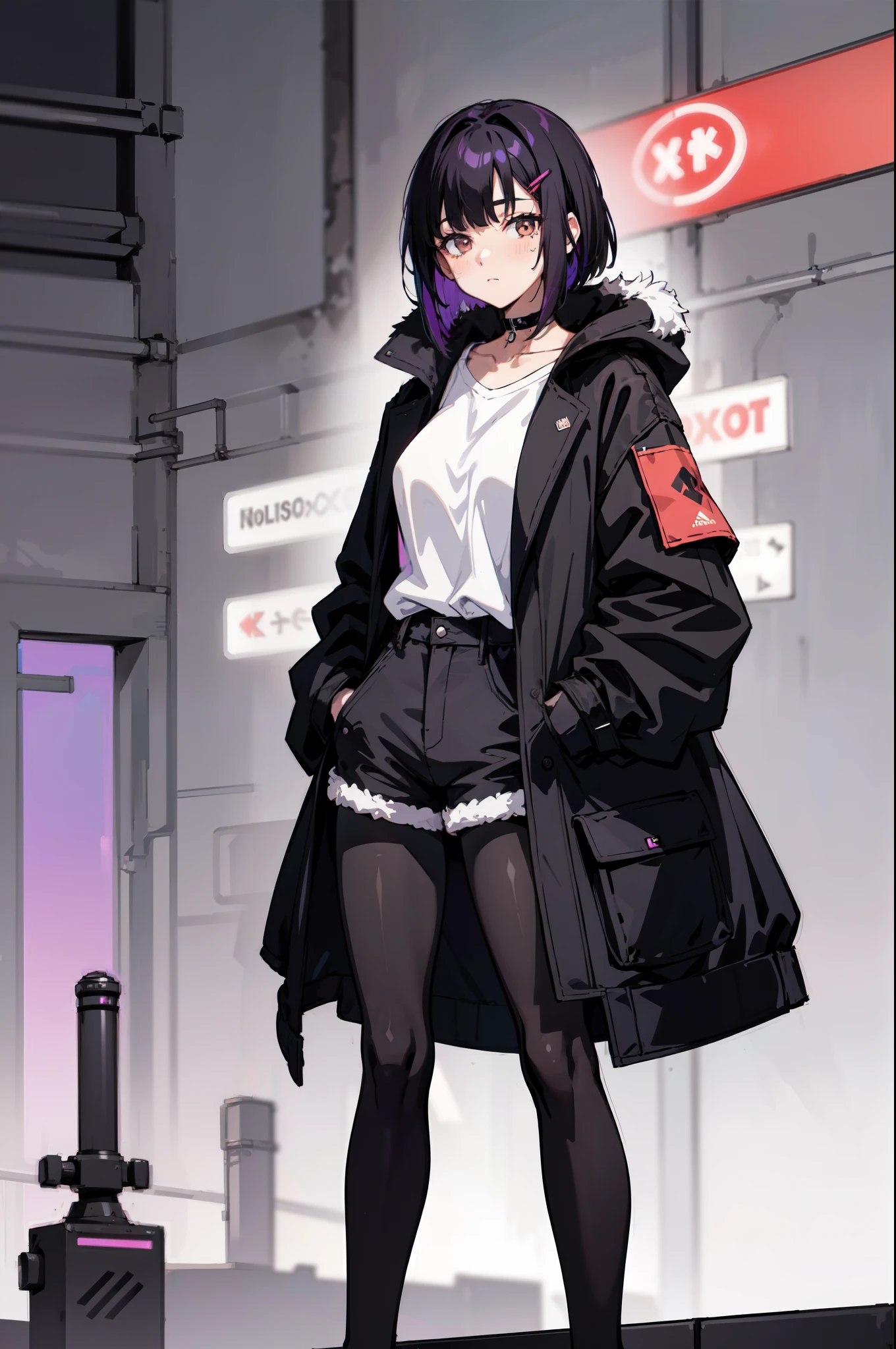 1girl, solo, , (black hair), (colored inner hair, purple hair), straight hair, bob cut, short hair, messy hair, assymmetrical hair, bang pinned back, hairclip, brown eyes, calm behaviour, inexpressive, medium breasts, choker, white shirt, black fabric shorts, (pantyhose:1.1), fur trimmed parka jacket, ((oversized jacket)), thighs, (hands on pockets), night city, cyberpuk, colorful, beautiful, ((neon lights)), masterpiece, best quality, 4k