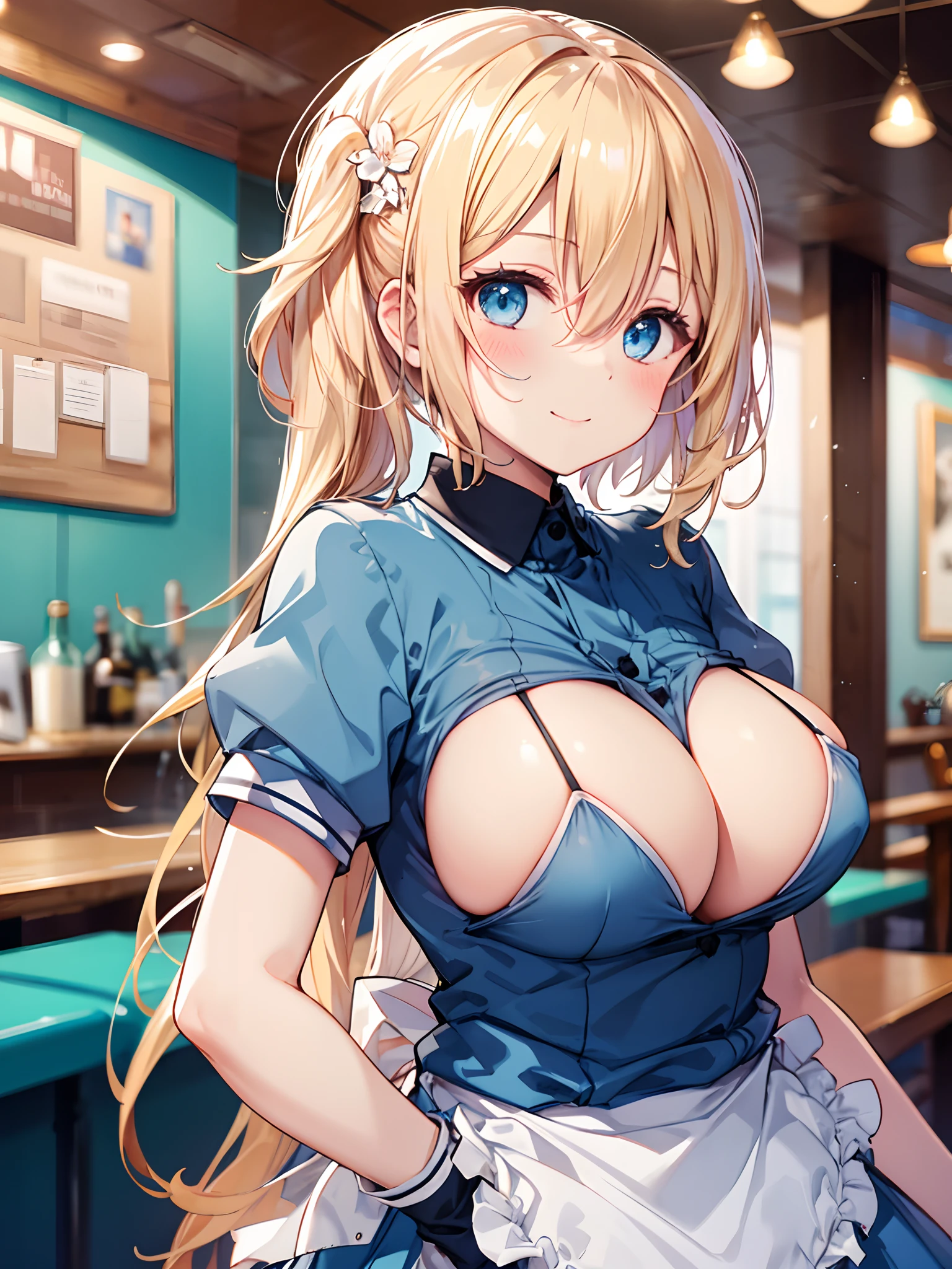 1girl in, (Chiquita:1.2), Kaho Hyuga, a blond, Twin-tailed, woman samurai, frilld, Light blue shirt, Waist apron, Puffy Short Sleeves, blueskirt, white glove, large boob,
(Close Shot, Best Quality, hight resolution, 4K, Detailed Lighting, Shaders, perfect anatomia, nsfw),
Looking at Viewer,
blush, Smile,
Cafe Background,