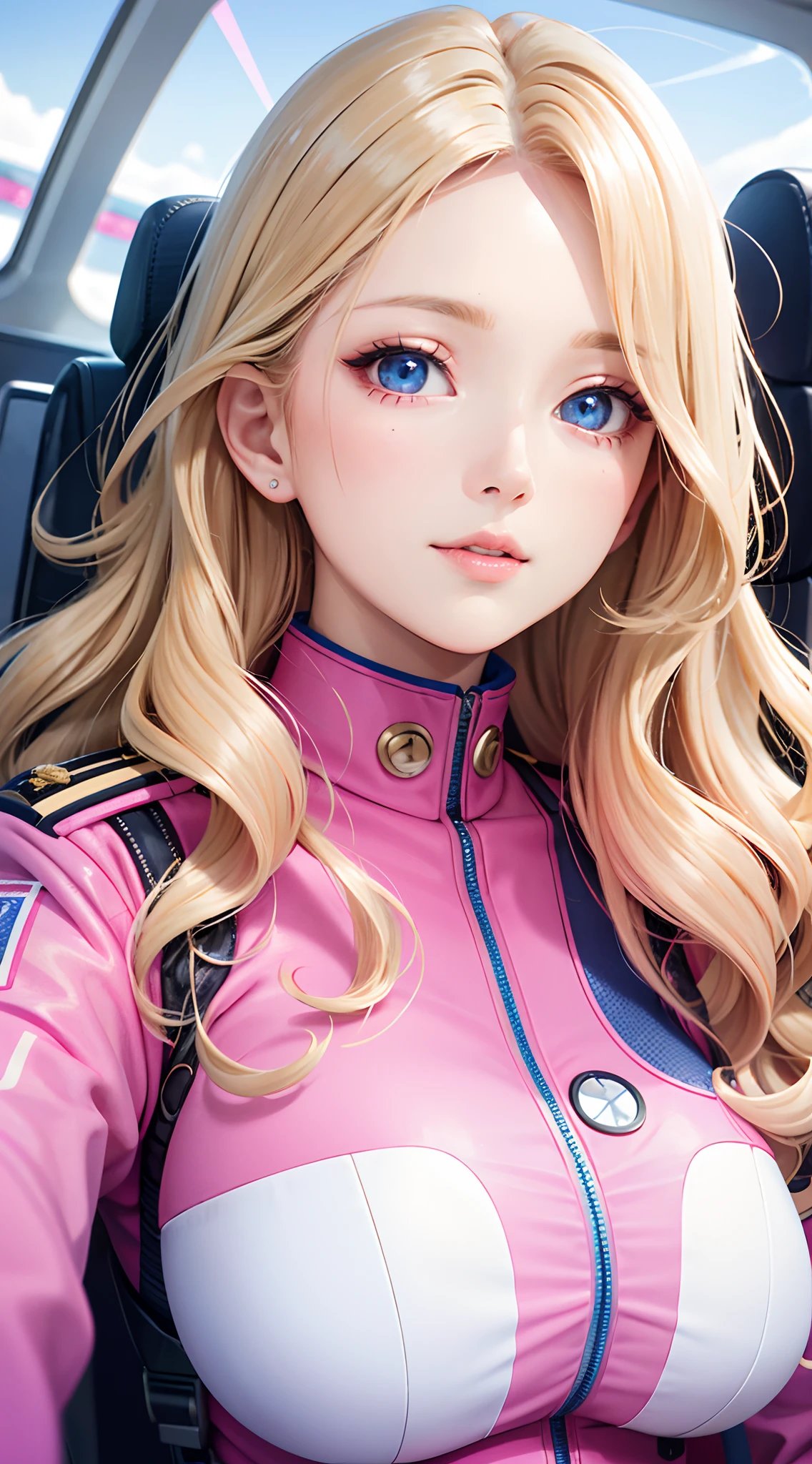 Best Quality, Beautiful Woman, wavy blonde hair, Blue Eyes, Bobbicore, Intricate pink pilot uniform, Inside the cockpit of an airplane, Wavy hair, beautifull face, perfect faces, Big, colorful eyes, Soft Smile, parted lips, Perfect slim-fit body, bright colors, Soft tones