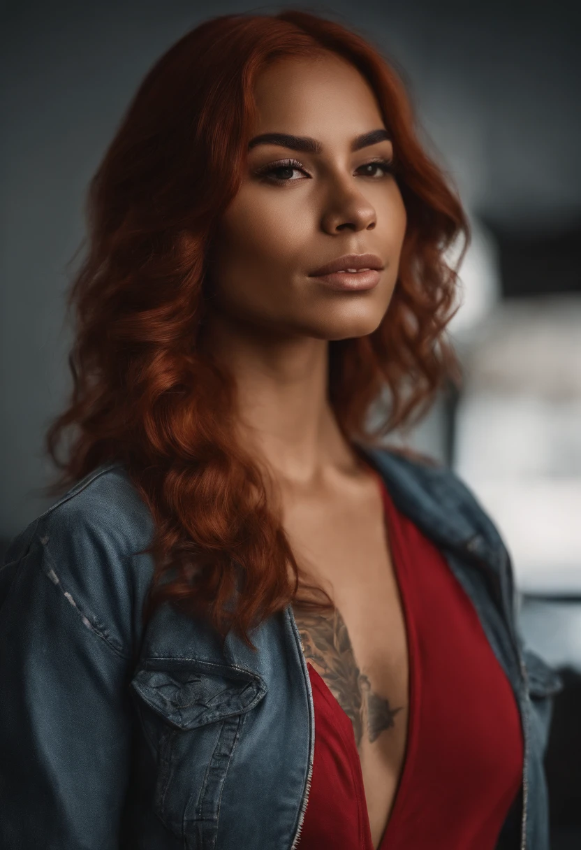 An urban Latina goddess with caramel skin and vibrant red hair With flower tattoos on her right shoulder, lower lip and shoulder completely, sportive, fit girl, Quite large and detailed muscles, poitrine, Realstic, 22 ans, tenue de sport noir, salle de sport, joue ronde, slightly shiny skin, Mid-length hair reaching shoulders, small golden earrings