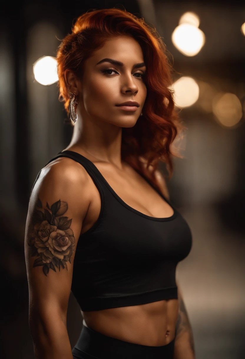 An urban Latina goddess with caramel skin and vibrant red hair With flower tattoos on her right shoulder, lower lip and shoulder completely, sportive, fit girl, Quite large and detailed muscles, poitrine, Realstic, 22 ans, tenue de sport noir, salle de sport, joue ronde, slightly shiny skin, Mid-length hair reaching shoulders, small golden earrings