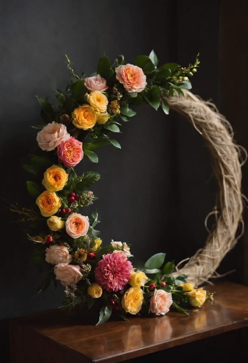 There is a wreath on a stand in the dark, feito de flores, feito de flores secas, feito de flores secas coloridas, flores e ouro, feito de flores e bagas, perfect maximalistic composition, feito de flores e folhas, awesome greate composition, elegant composition, Beautiful composition, beautiful composition 3 - d 4 k, Foto de natureza morta de um pano de fundo
