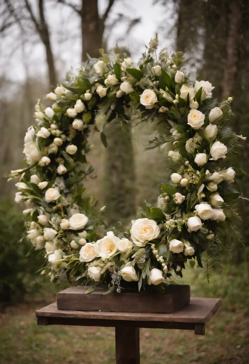 There is a wreath on a stand in the dark, feito de flores, feito de flores secas, feito de flores secas coloridas, flores e ouro, feito de flores e bagas, perfect maximalistic composition, feito de flores e folhas, awesome greate composition, elegant composition, Beautiful composition, beautiful composition 3 - d 4 k, Foto de natureza morta de um pano de fundo