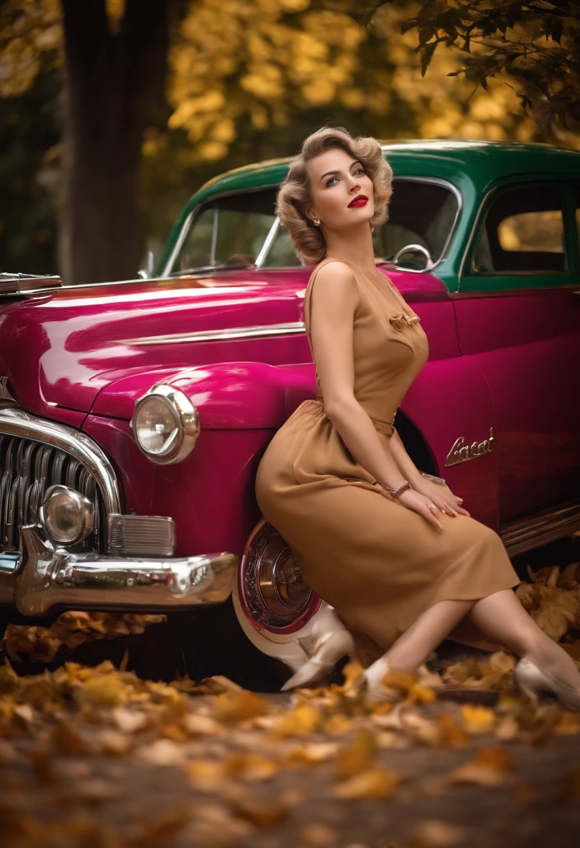 (Mulher cabelo rosa bonita em meias dos anos 1950,fixe uma roda no seu Buick vintage,Postcard style vintage photography:1.2),Rosto detalhado,sorridente,Retro hairstyle,(roupas vintage:1.1),classic car,Luz solar nebulosa,autumn leaves on the ground,jardim exuberante,paleta de cores vintage,soft-lighting,vivid colors,Artistic brushstrokes,Lula de atum vintage,textura vintage,vintage props,efeito de desfoque de movimento.You can see the legs
legs apart, you can see sexy socks; cabelo rosa, olhos verdes