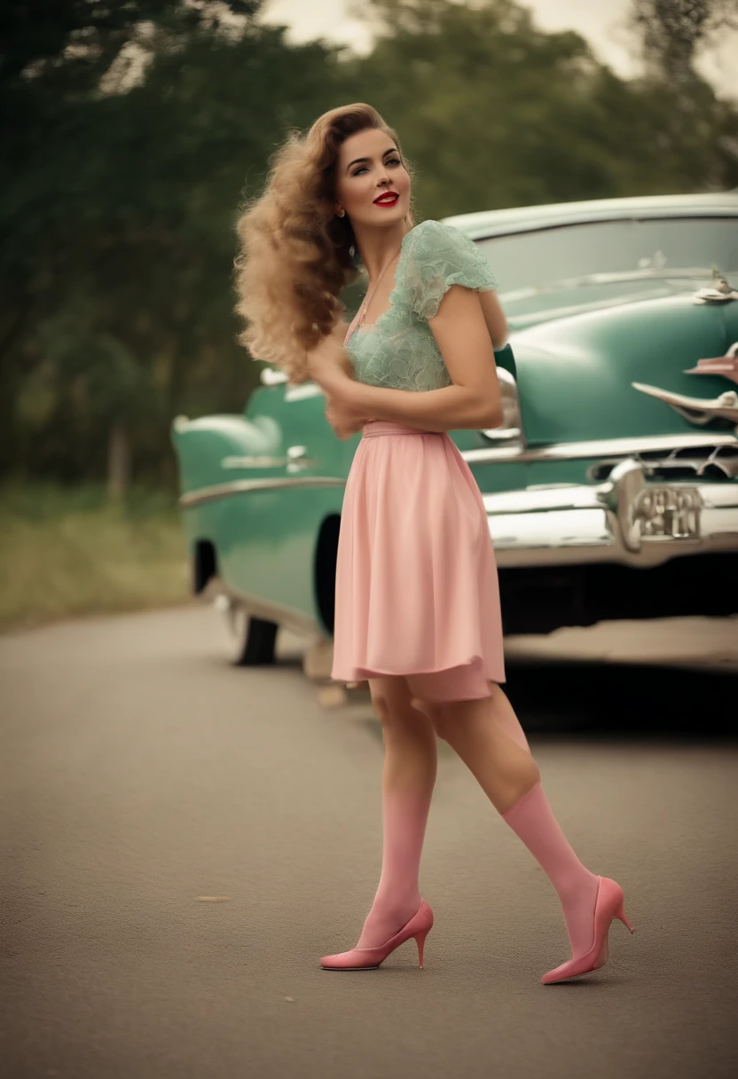 (Mulher cabelo rosa bonita em meias dos anos 1950,fixe uma roda no seu Buick vintage,Postcard style vintage photography:1.2),Rosto detalhado,sorridente,Retro hairstyle,(roupas vintage:1.1),classic car,Luz solar nebulosa,autumn leaves on the ground,jardim exuberante,paleta de cores vintage,soft-lighting,vivid colors,Artistic brushstrokes,Lula de atum vintage,textura vintage,vintage props,efeito de desfoque de movimento.You can see the legs
legs apart, you can see sexy socks; cabelo rosa, olhos verdes