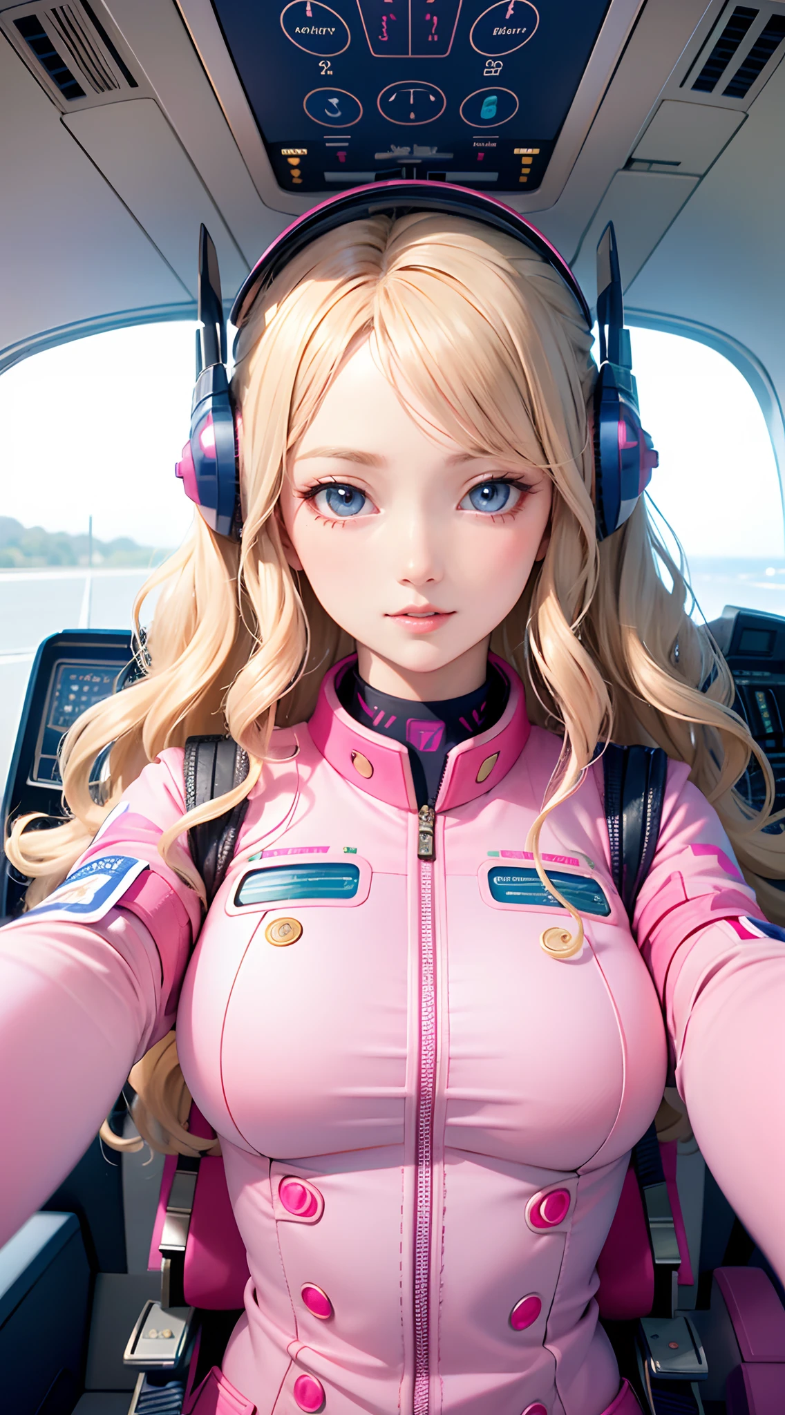 Best Quality, Beautiful Woman, wavy blonde hair, Blue Eyes, Bobbicore, Intricate pink pilot uniform, Inside the cockpit of an airplane, Wavy hair, beautifull face, perfect faces, Big, colorful eyes, Soft Smile, parted lips, Perfect slim-fit body, bright colors, Soft tones