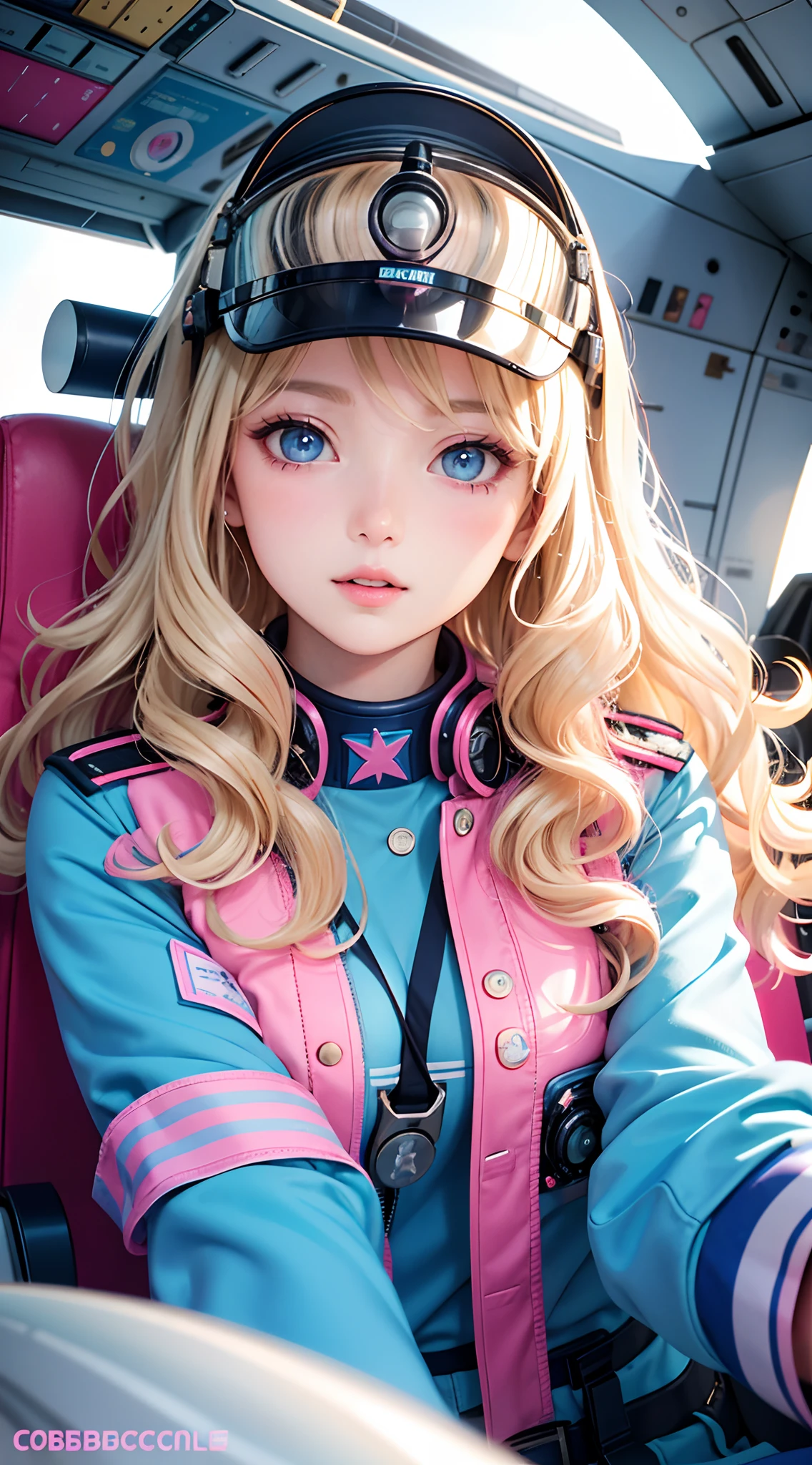 Best Quality, Beautiful Woman, wavy blonde hair, Blue Eyes, Bobbicore, Intricate pink pilot uniform, Inside the cockpit of an airplane, Wavy hair, beautifull face, perfect faces, Big, colorful eyes, Soft Smile, parted lips, Perfect slim-fit body, bright colors, Soft tones