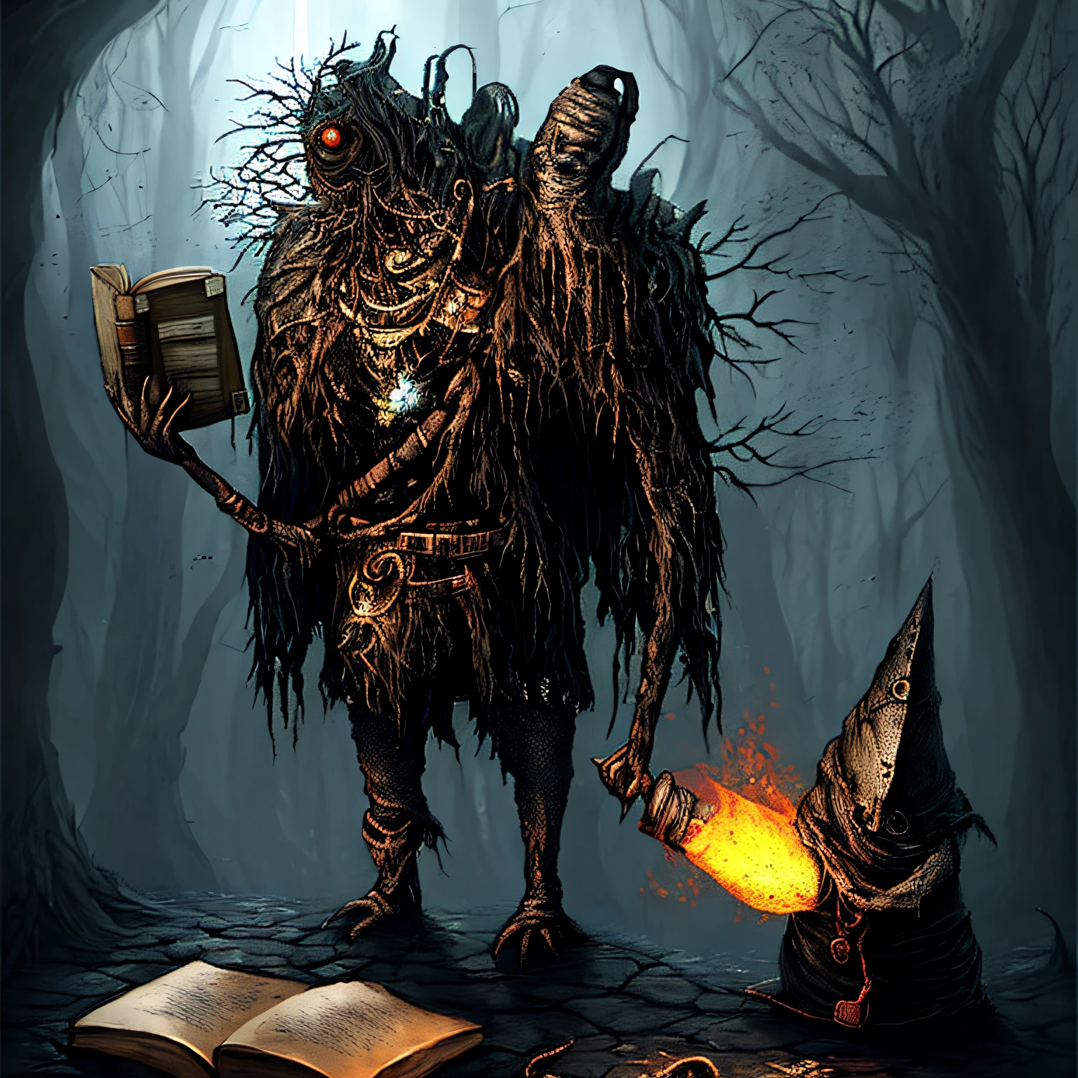 a monster with a hammer and a book, Minion as Darksouls boss, Dark soul concept, Dark soul concept art, Dark Souls concept art, Darksouls concept art, Dark concept art, Dark fantasy concept art, Art style Dark Souls, Monster concept art, High contrast dark concept art, Mysterious nostalgic concept art, Full body concept, on a sunny day