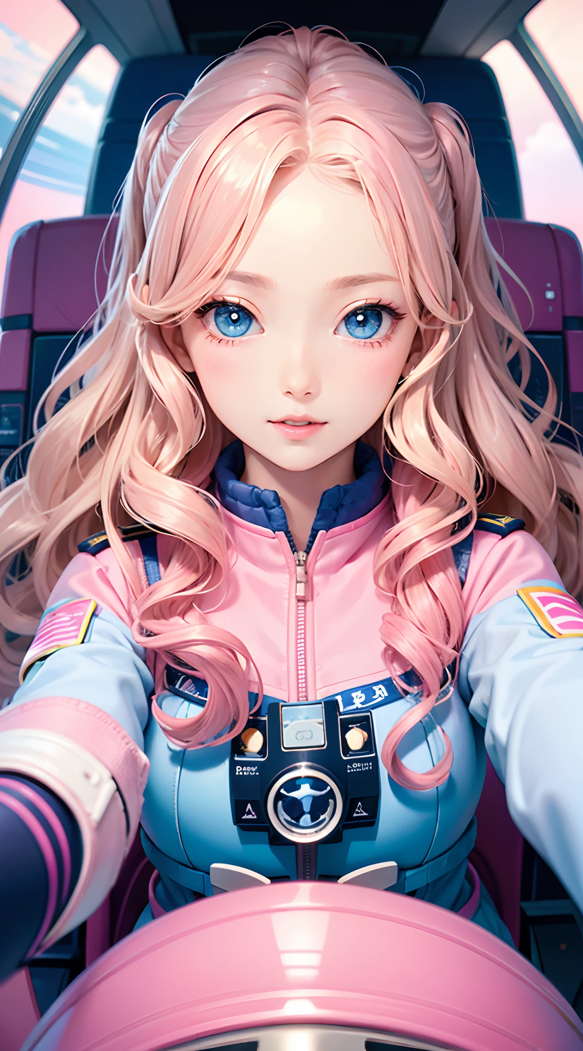 Best Quality, Beautiful Woman, wavy blonde hair, Blue Eyes, Bobbicore, Intricate pink pilot uniform, Inside the cockpit of an airplane, Wavy hair, beautifull face, perfect faces, Big, colorful eyes, Soft Smile, parted lips, Perfect slim-fit body, bright colors, Soft tones