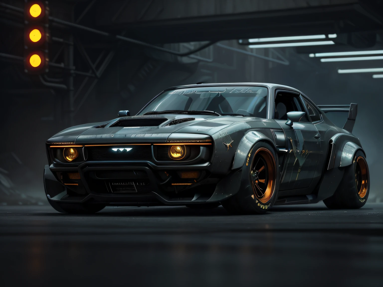 a 3/4 front view of ((futuristic cyberpunk hotrod zeekars)) (with glowing tires), at the parking lot,