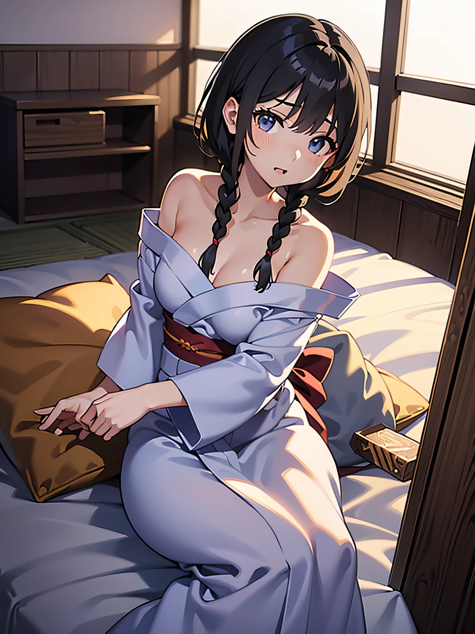 anime girl In kimono outfit Sitting on the bed, Enchanting anime girl, Beautiful anime girl crouching, In kimono, wearing a simple robe, Touching her clothes, wearing a simple robe, Sitting on the bed, Sit on the bed, Revealing clothing, Robed, In a robe, In kimono, Anime guy squatting,  In a dress