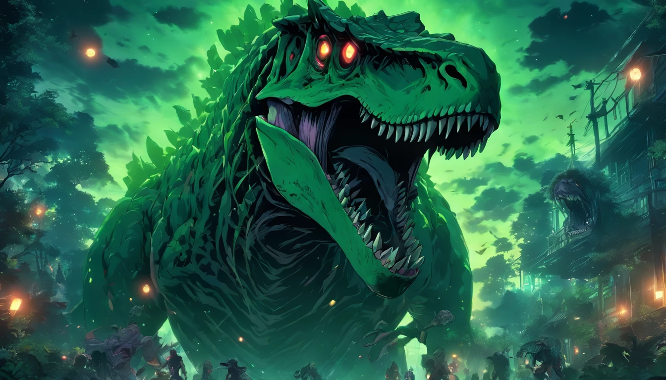 Tyrannosaurus, eerie glowing green, bones and undead and zombie-like, a chill in the air, Bone Chill, nightmare fuel, masterpiece, best quality
