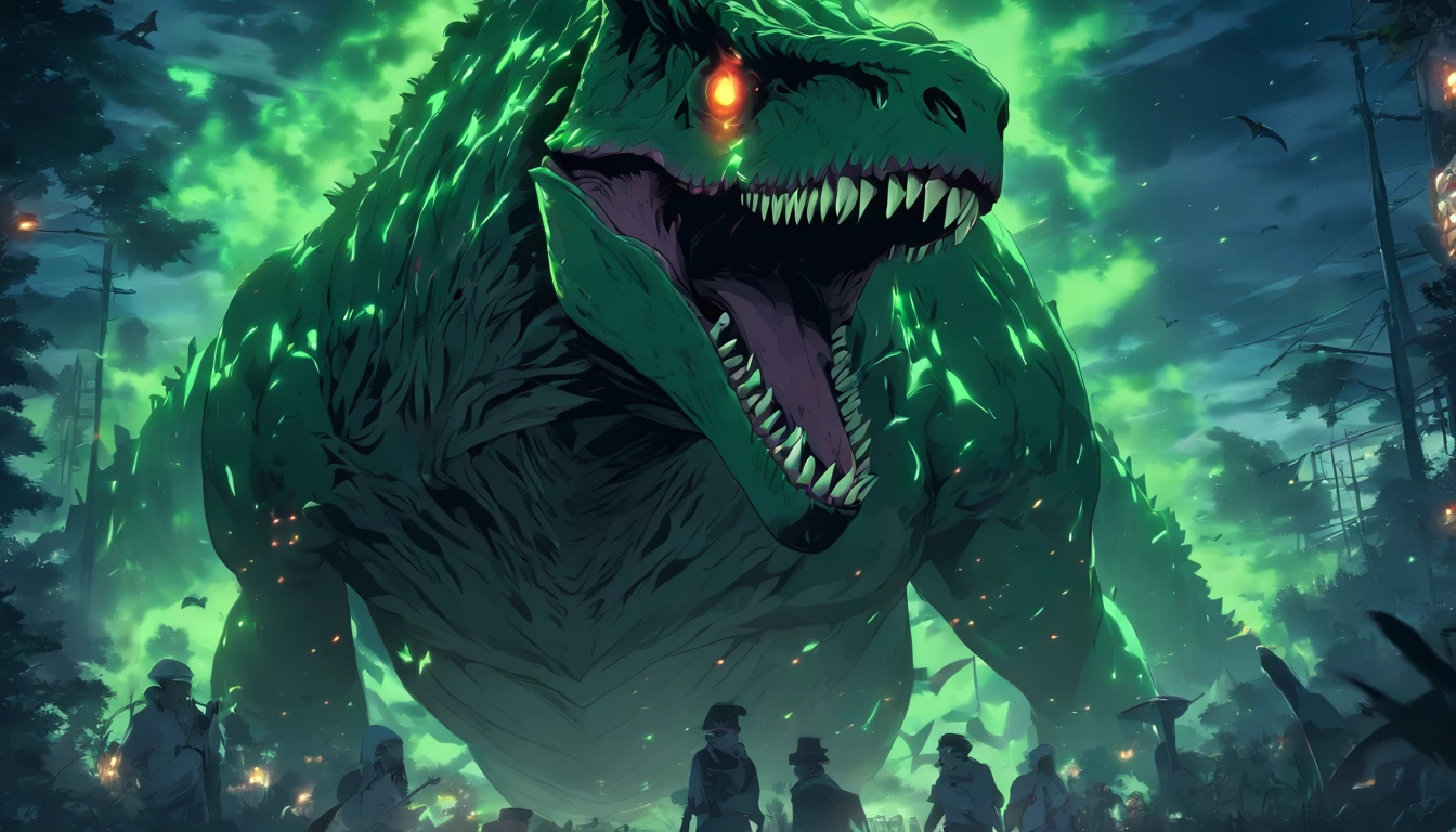 Tyrannosaurus, eerie glowing green, bones and undead and zombie-like, a chill in the air, Bone Chill, nightmare fuel, masterpiece, best quality