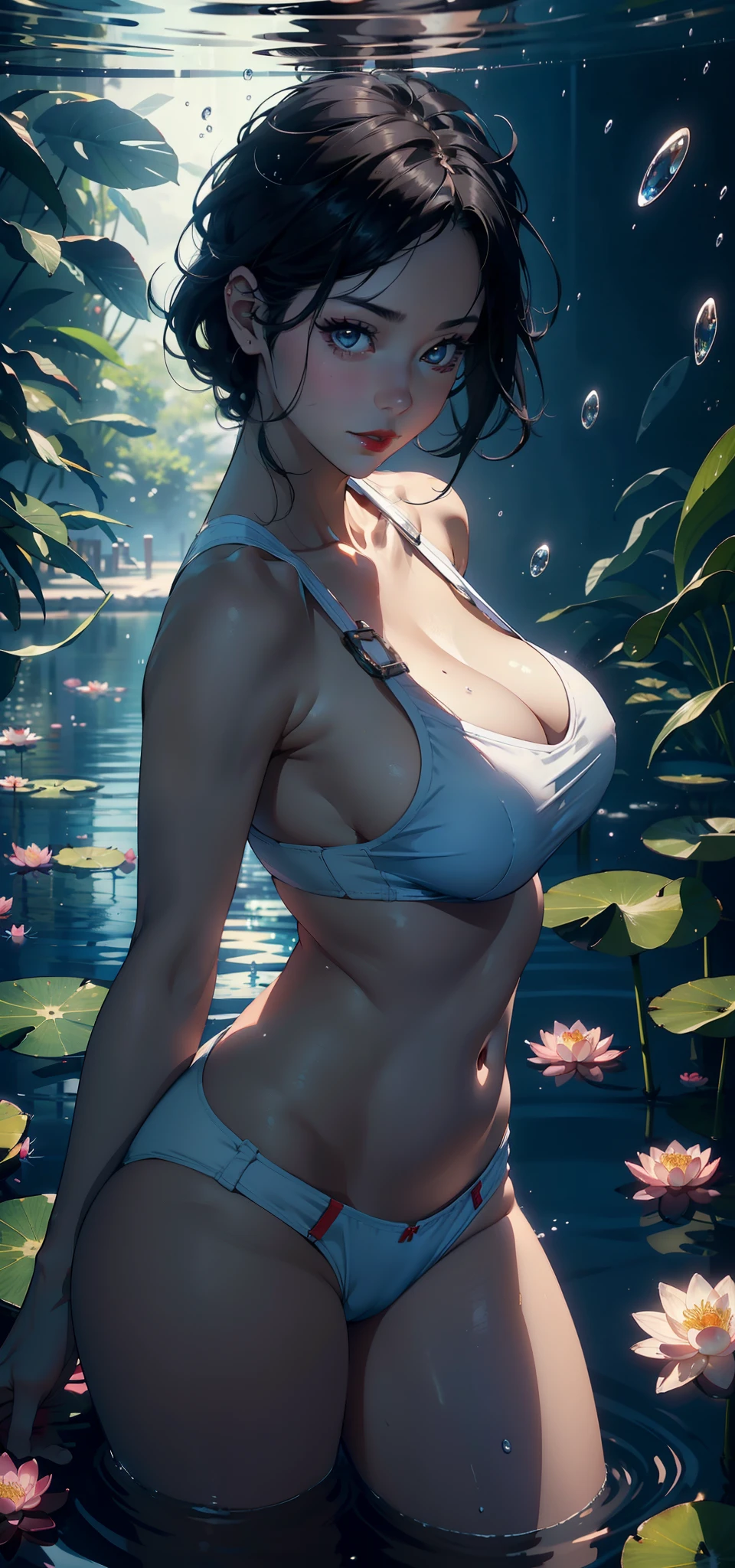 1female,45 yers old,Married Woman,熟妇,plumw,extremely large bosom, 独奏,(Background with:ponds,Cherry blossom forest,lotus flower)Lie underwater, She has short black hair,seen from the front,, mostly cloudy sky,(((tmasterpiece),(Very detailed CG unity 8K wallpaper),best qualtiy,cinmatic lighting,detailed back ground,beatiful detailed eyes,Bright pupils,Black eyes,Snow-whiteskin,Redlip(Very fine and beautiful),(Beautiful and detailed eye description),ultra - detailed,tmasterpiece,))facing at camera,A high resolution,ultra - detailed),revealing breasts,Bare genitalia, Bulge,legs are open,Raised sexy,Camel toes,Desire for dissatisfaction,frontage,Navy(Wearing:Sailor uniform,Bare ,)Captain Marvel
