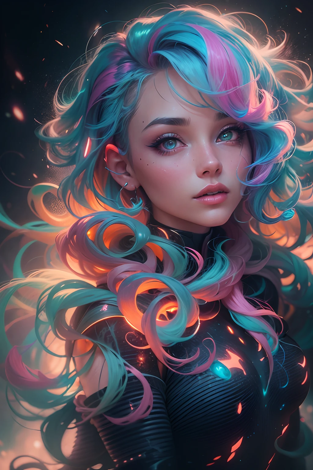 A stunning woman with vibrant neon hair, glowing in the midst of galaxy formations, painted by david diaz and sakimichan, detailed and realistic textures, vibrant colors, surreal and mysterious, hyperrealistic, modern art, digital painting, trending in Artstation, cinematic lighting, and dynamic composition.