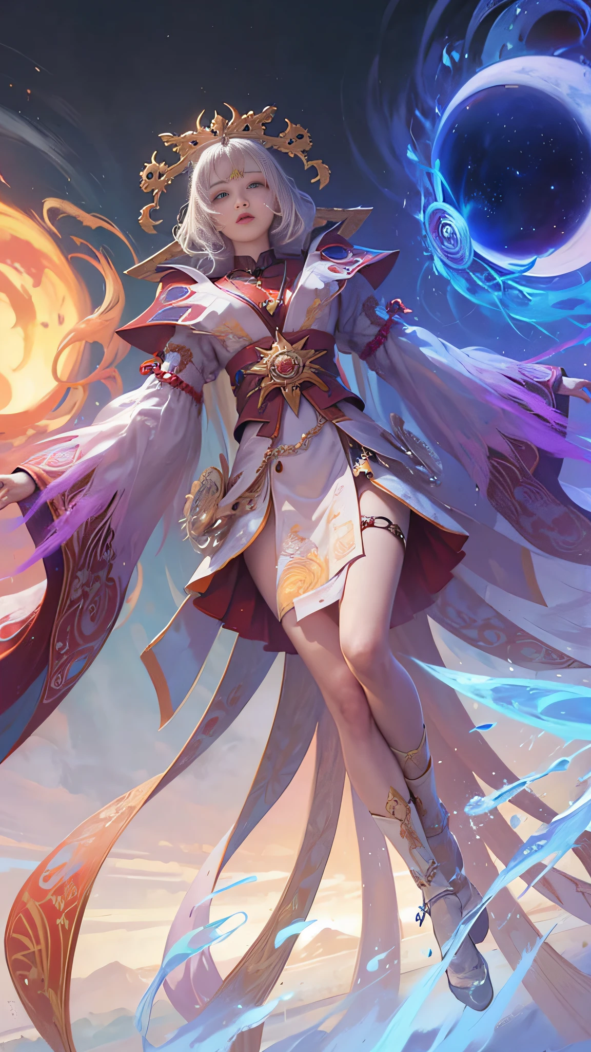 8K,realistically, A high resolution, 1 Women, Alone, (ta costume),Gorgeous costumes attract the audience,A beautiful Blue eyes, White hair, eye socket, (External,Oyuki,fur-edged cloak,blanketed in a mantle of snow),snow cover,