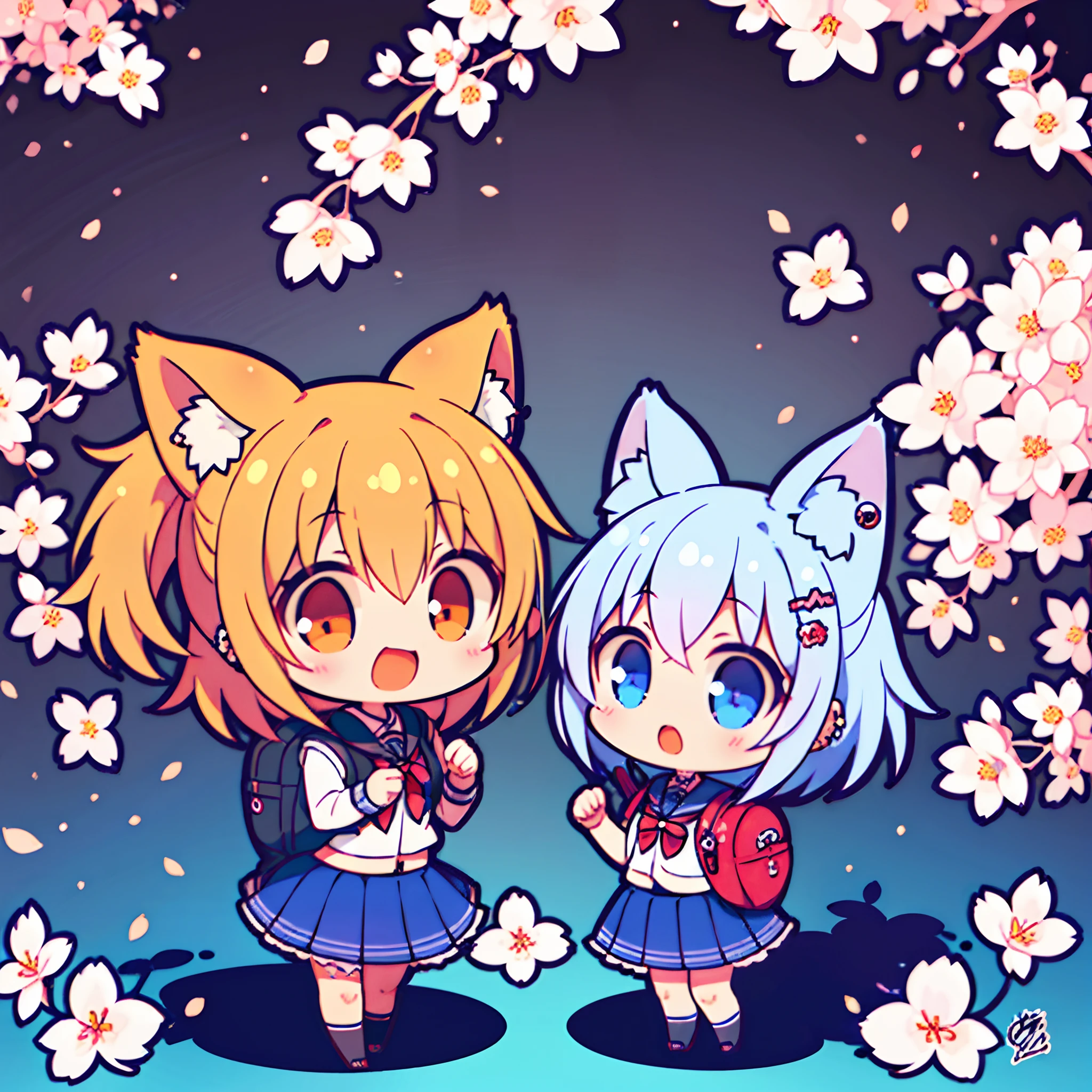 (2 girls) The cutest chibi fox cheerleader girls, wearing highly detailed school uniforms and backpacks, tattoos and piercings, finely detailed graffiti background, cherry blossoms blowing in the wind, perfect masterpiece, high quality, high resolution