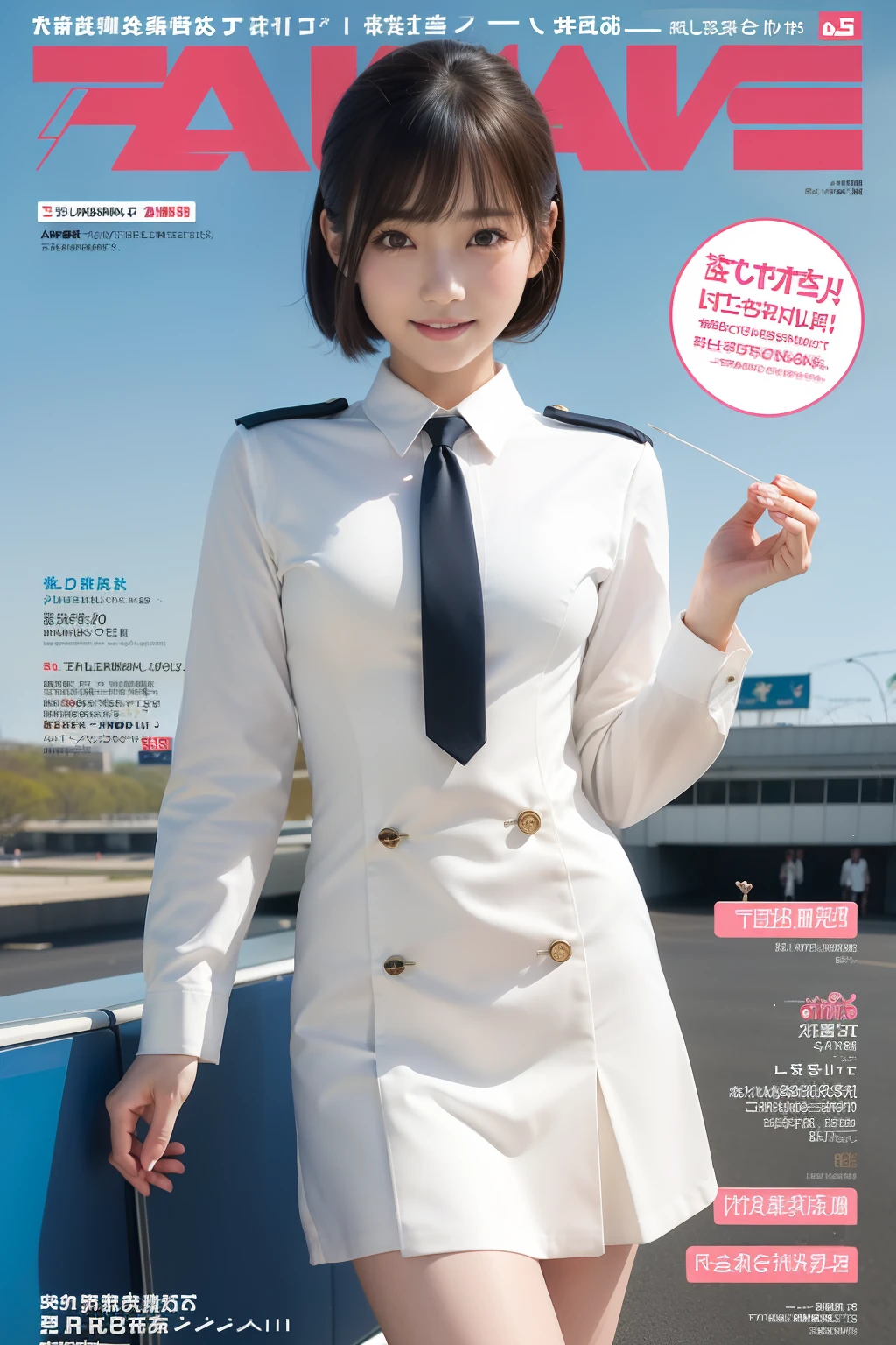 (masterpiece,top-quality,超A high resolution),A Japanese Lady, Very beautiful girl, Ubu no Girl、(Perfect limbs、perfect anatomia),(Bob Hair)、((Stewardess uniform))、Pure white、Beautiful skin、Moist eyes、Brown glittery hair、Colors and landscapes of youth、Premonition of love、embarrassed grin、airport、(((Magazine covers)))