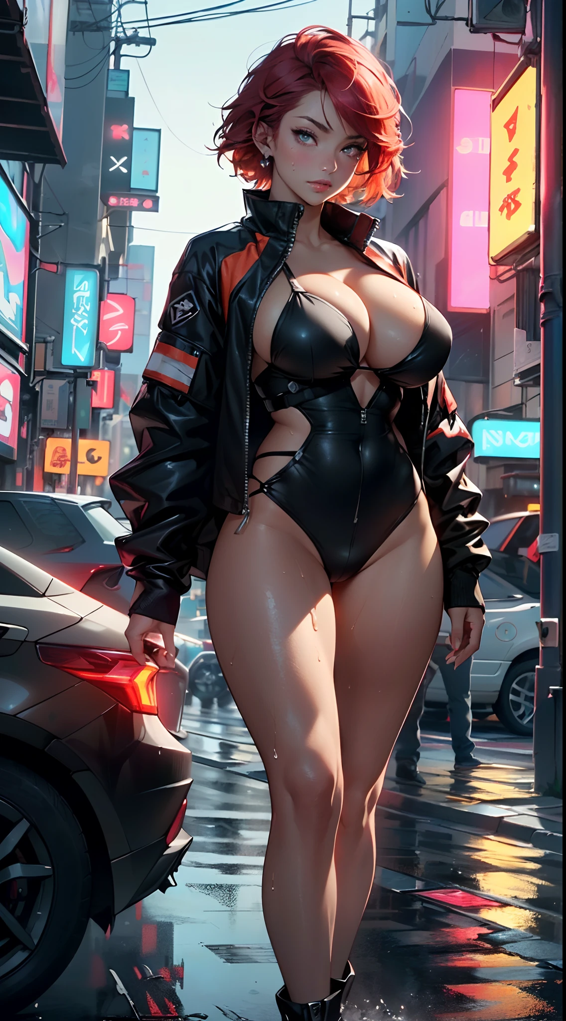mechanical girl,(1girl: 1.3),((1 black girl with extremely cute and beautiful red hair)),((((black race)))),
(big breasts: 1.4),sagging breasts,(((short red hair: 1.35,cropped,redhead,very short hair))),((heterochromia:1.5, (orange_eye and red_eye))),intricate eyes,beautiful detailed eyes,symmetrical eyes,(fat),((((tan,dark skin,black skin:1.35,dark-skinned_female,dark skin:1.3,ebony skin,lustrous skin:1.5,bright skin: 1.5,shiny skin,very shiny skin,shiny body,illuminated skin,wet legs)))),(spider lower abdomen,narrow waist,wide hip ,athletic body,inflated legs,delicate and detailed fingers,detailed body,(detailed face)),((muscle legs)),((muscular thighs)),((muscular girl)),((strong and muscular,bodybuilder,strong body,muscular,feminine and muscular)),((ABS)),(huge stature,tall stature,very tall girl),
cute,slutty,sensual,seductive look,seductive,erotic,((nsfw)),
(fitted overalls: 1.3,suit unbuttoned),(((mechanical tools on his clothing,cyberpunk clothes))),(((huge cleavage))),((wet clothes,intricate outfit,intricate clothes)),
(dynamic pose:1.0),embarrassed,(centered,scale to fit dimensions,Rule of thirds),
cyberpunk city by the ocean at night, with bright neon signs and dark stormy clouds and puddles, scenery:1.25,
artistic photography,(photography taken by sldr),highres, sharp focus, (ultra detailed, extremely detailed), (photorealistic artwork:1.37),(extremely detailed CG unity 8k wallpaper),((synthwave background theme)),(((vibrant colors))),(intricate background),(masterpiece),(best quality),