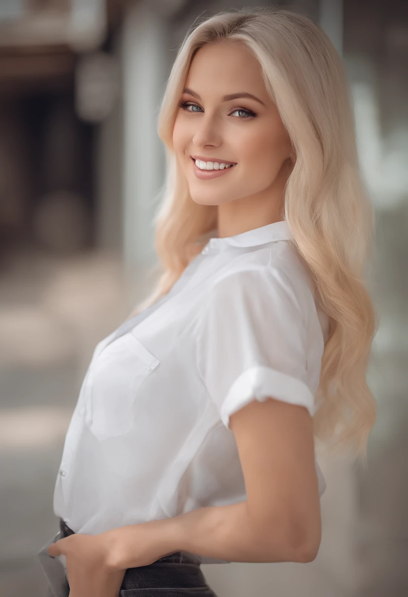 professional, (4k photo:1.1) by (Jeremy Lipking:0.3), (Dittmann Anna:0.3), (Arian Mark:0.3), (Sharp focus:1.3), high detail, wearing (lowcut shirt:1.2), beautiful detailed face, hazel eyes, long blonde hair, (attractive young woman:1.3), (seductive:1.1), (blushing:1.1), hourglass body shape, large round big breasts, wide thicc hips, blonde goddess, tight outfit, tight attire, smiling seductively, pretty face, perfect white haired girl, satisfied pose, cute seductive smile, beautiful blonde girl, good young girl, beautiful angle, attractive pose, cute girl, sexy pose, a gorgeous blonde, full body picture, full body, full body shoot, wearing white skirt and boots, wet shirt, no bra