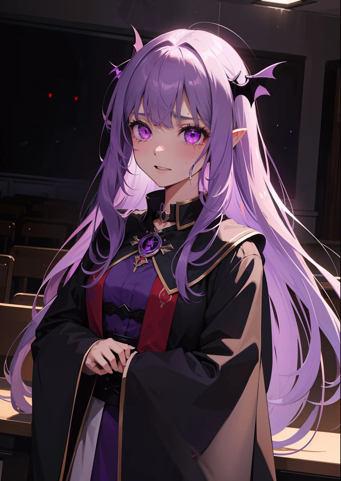 (1girl, long hair, collar, purple eyes, glowing, glowing eyes, extra eyes, dark, horror \(theme\), sobbing) vampire. Long fangs, (digital) (resting in detailed classroom, (Surcoat)) , best quality, insanevoid
