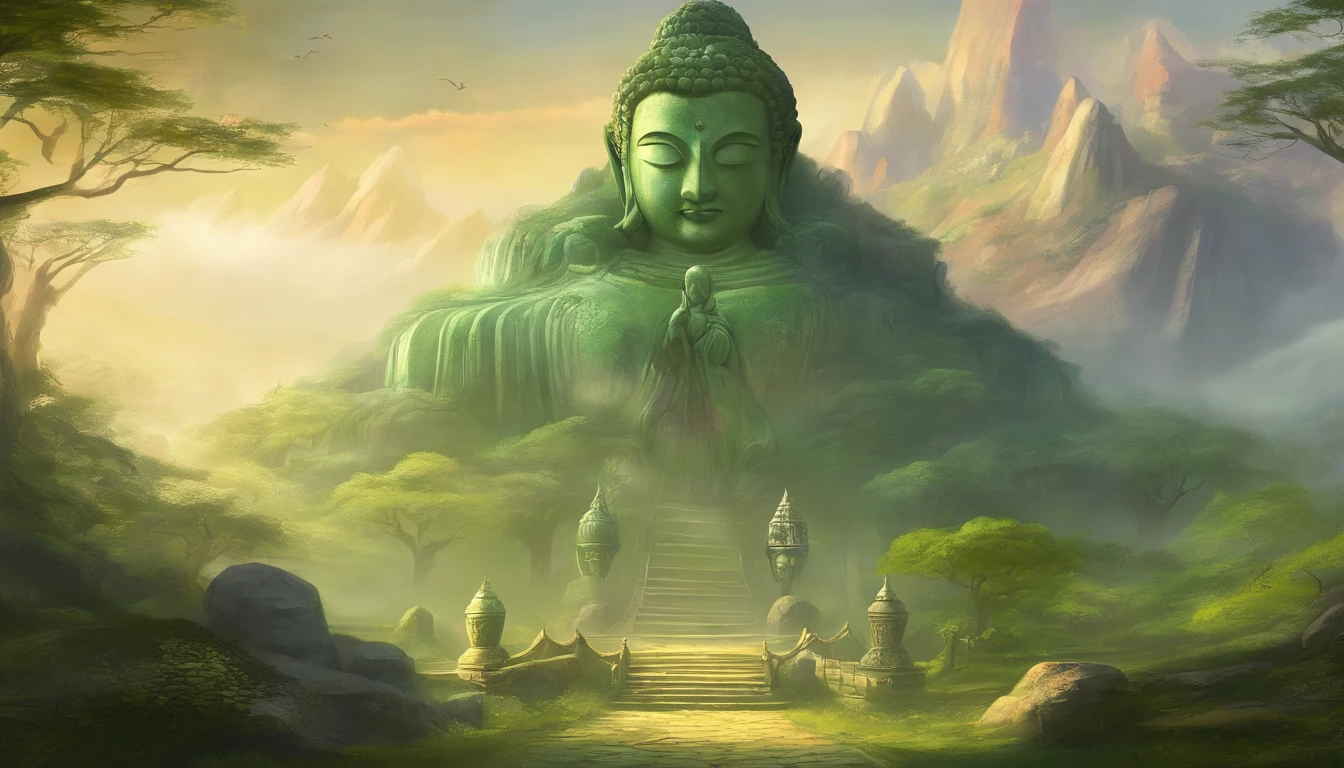 Giant Buddha statue, A small amount of moss,stone, Texture, Tall, Majestic,Back to the mountains,illumination,Ancient stone statues,frontage,Pilgrims on the road,Clear facial features,No leakage of the body,