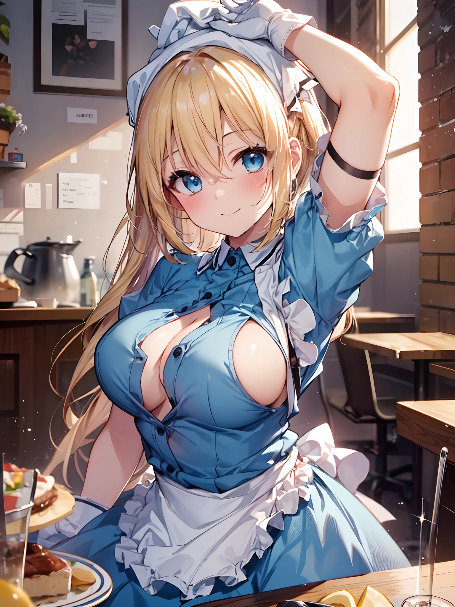 1girl in, (Chiquita:1.2), Kaho Hyuga, a blond, Twin-tailed,  woman samurai, Scarf on the head, frilld, Light blue shirt, Waist apron, Puffy Short Sleeves, blueskirt,  white glove, large boob, White collar, 

(Close Shot, Best Quality, hight resolution, 4K, Detailed Lighting, Shaders, perfect anatomia, NSFW), 
Looking at Viewer, 
cleavage, open shirt, milk breasts, 
blush, Smile, 
Cafe Background,