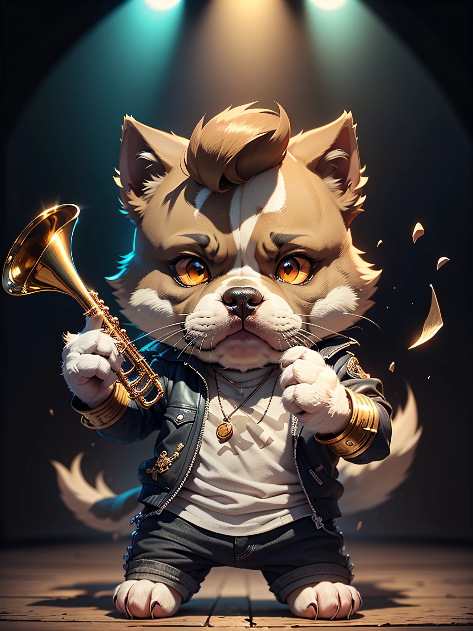 C4tt4stic,Cartoon pit bull of a performer playing trumpet(Intense performance)