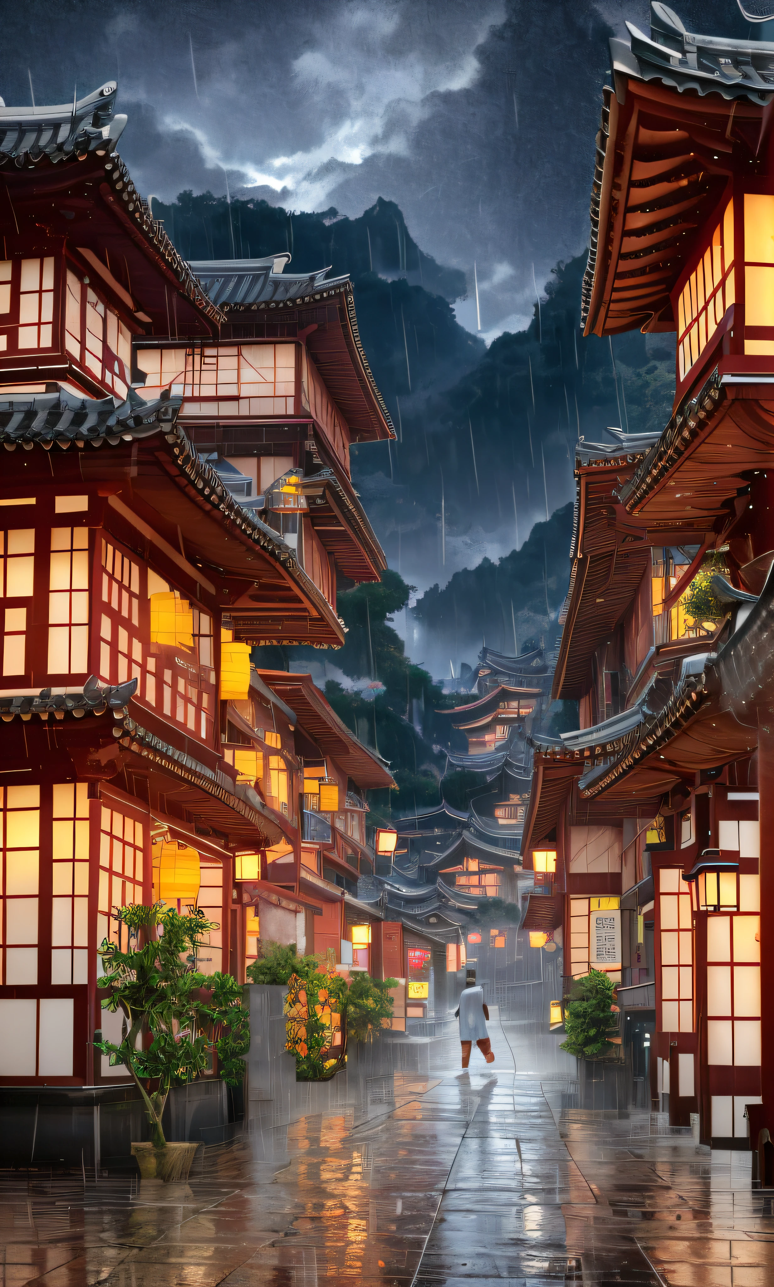 arafed view of a village with a lot of lights on the buildings, dreamy chinese town, chinese village, amazing wallpaper, japanese town, japanese village, hyper realistic photo of a town, old asian village, japanese city, by Raymond Han, rainy evening, cyberpunk chinese ancient castle, beautifully lit buildings, at evening during rain, beautiful and aesthetic, photography, cinematic, 8k, high detailed ((Heavy rain)))
