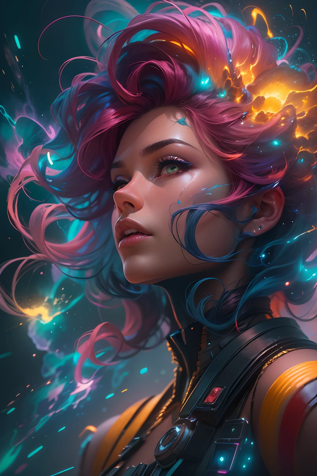A stunning woman with vibrant neon hair, glowing in the midst of galaxy formations, painted by david diaz and sakimichan, detailed and realistic textures, vibrant colors, surreal and mysterious, hyperrealistic, modern art, digital painting, trending in Artstation, cinematic lighting, and dynamic composition.