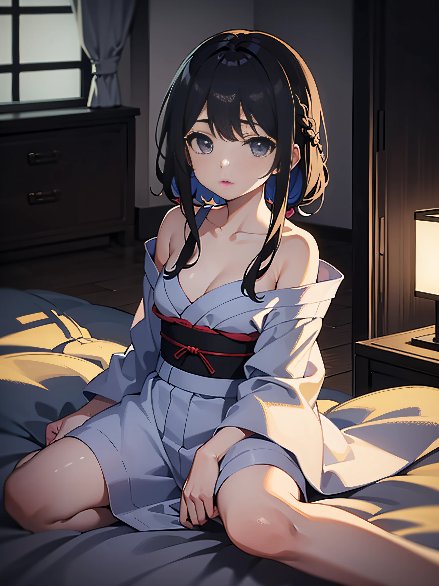 in 8K、top-quality、​masterpiece、ultra-detailliert、Ultra-high resolution、Anime style、A dark-haired、Braided hair、Light-colored yukata、natta、On the futon、bare shoulders​