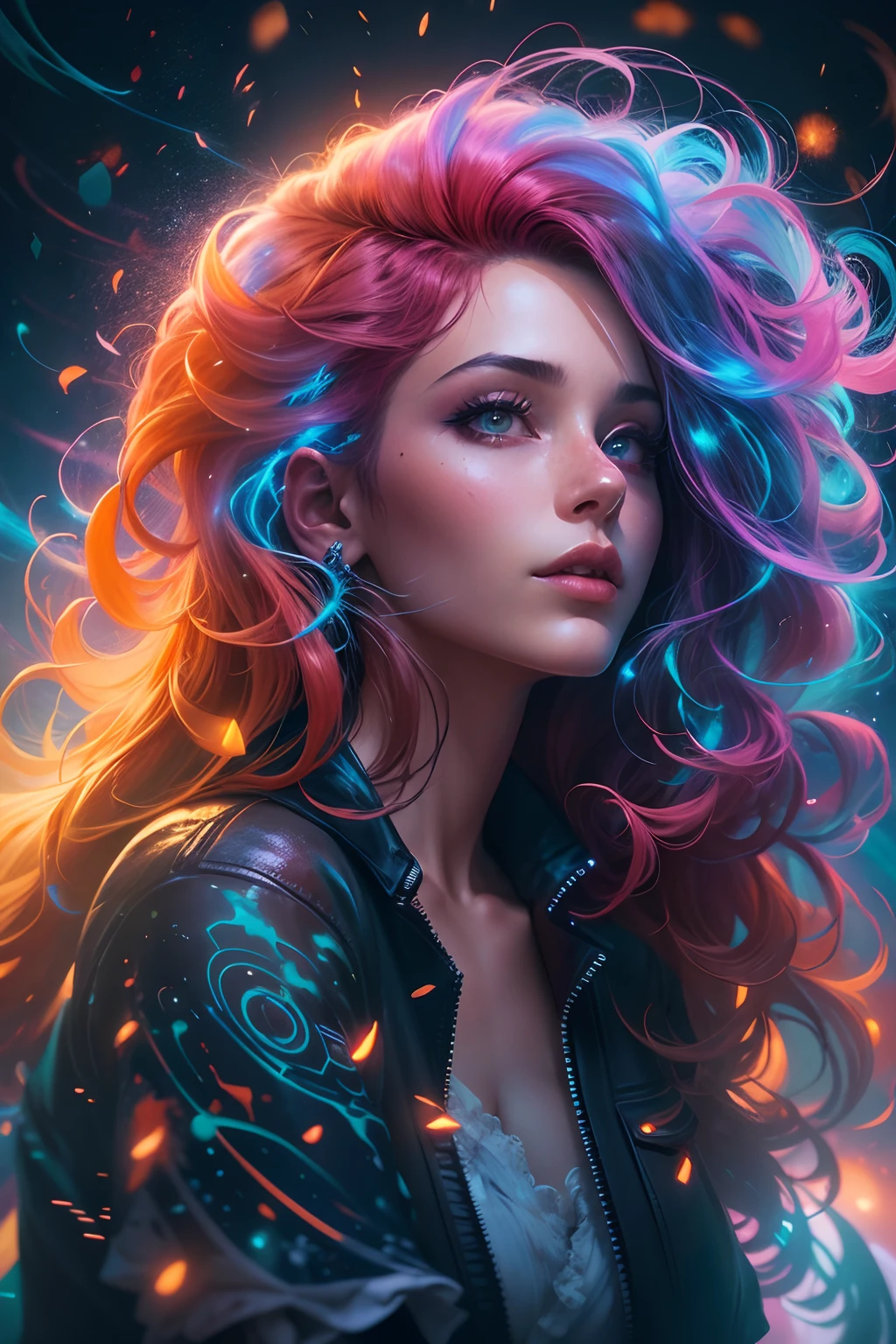 A stunning woman with vibrant neon hair, glowing in the midst of galaxy formations, painted by david diaz and sakimichan, detailed and realistic textures, vibrant colors, surreal and mysterious, hyperrealistic, modern art, digital painting, trending in Artstation, cinematic lighting, and dynamic composition.