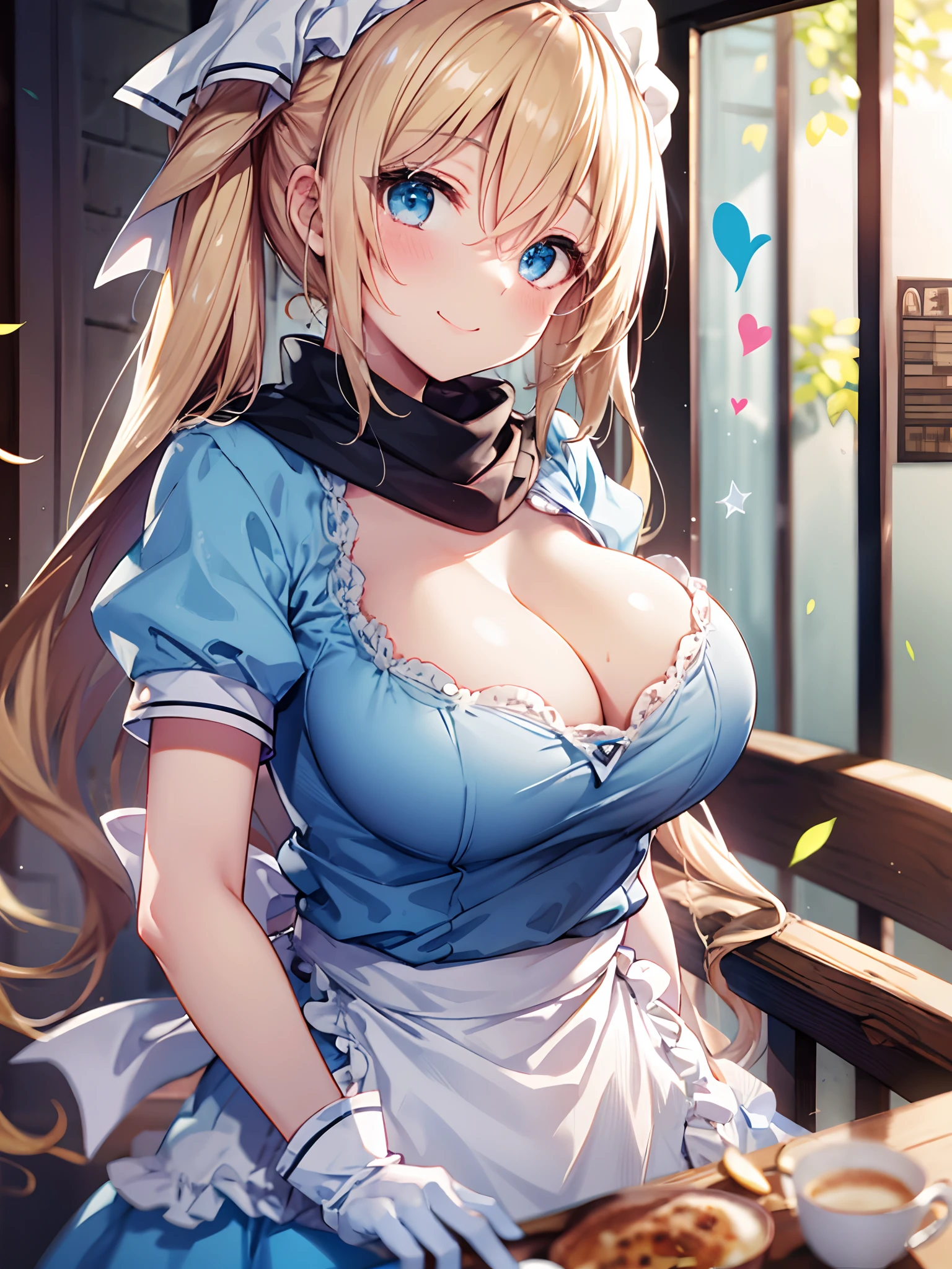 1girl in, (Chiquita:1.2), Kaho Hyuga, a blond, Twin-tailed,  woman samurai, Scarf on the head, frilld, Light blue shirt, Waist apron, Puffy Short Sleeves, blueskirt,  white glove, large boob, 

(Close Shot, Best Quality, hight resolution, 4K, Detailed Lighting, Shaders, perfect anatomia, NSFW), 
Looking at Viewer, 
cleavage, Milk breast, 
blush, Smile, 
Cafe Background,