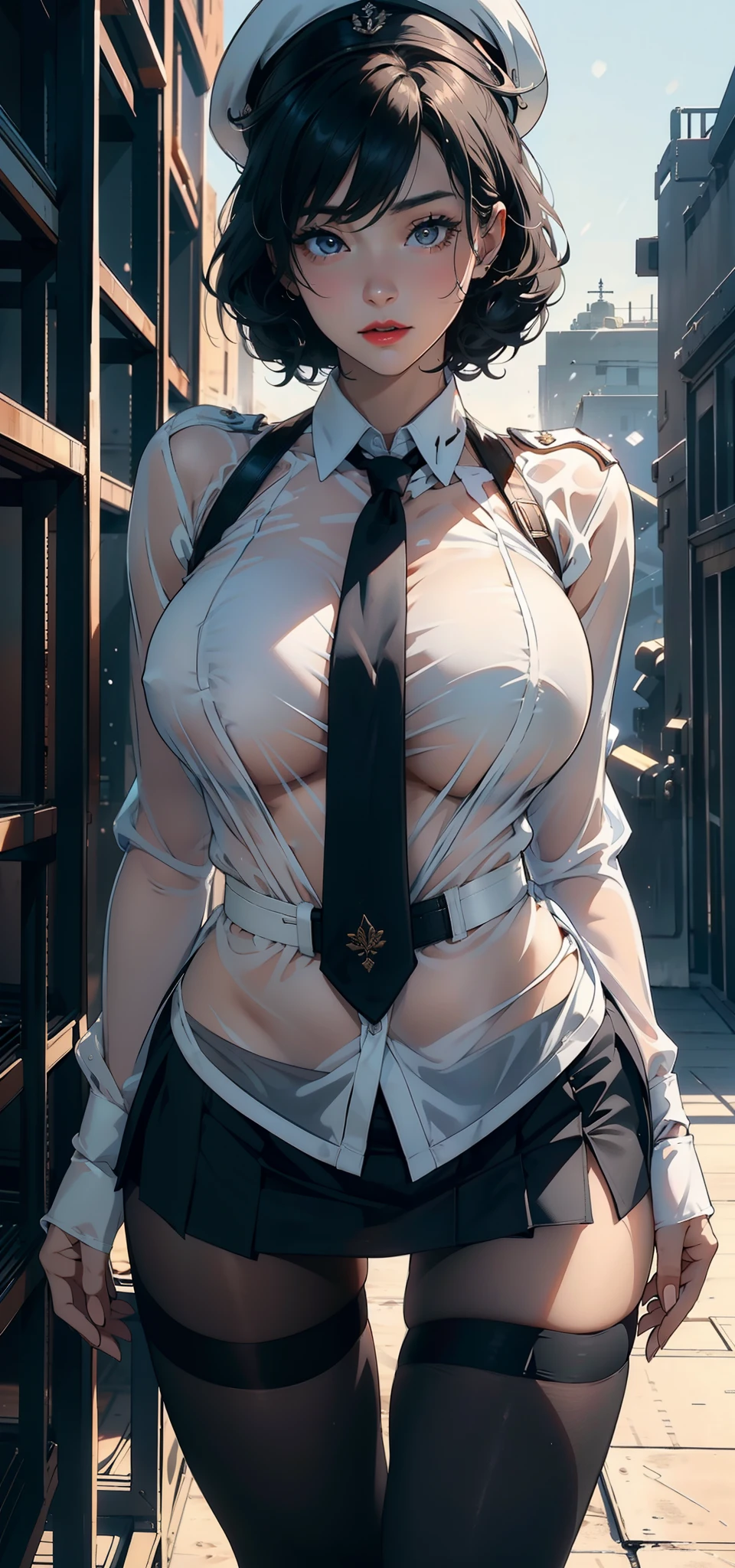 1female,35yo,plumw,extremely large bosom, 独奏,(Background with:A desert,aerodrome,Planes) She has very short black hair,bobo head,Stand on the plane,,seen from the front, curlies, mostly cloudy sky,(((tmasterpiece),(Very detailed CG unity 8K wallpaper),best qualtiy,cinmatic lighting,detailed back ground,beatiful detailed eyes,Bright pupils,Black eyes,Snow-white skin,Redlip(Very fine and beautiful),(Beautiful and detailed eye description),ultra - detailed,tmasterpiece,)),facing at camera,A high resolution,ultra - detailed),revealing breasts,Bare genitalia, Bulge,legs are open,Raised sexy,Camel toes,Flushed complexion,Desire for dissatisfaction,frontage,military officer(Wearing:White transparent shirt,black necktie,black short skirt,Black pantyhose,military hat,Bare breasts)